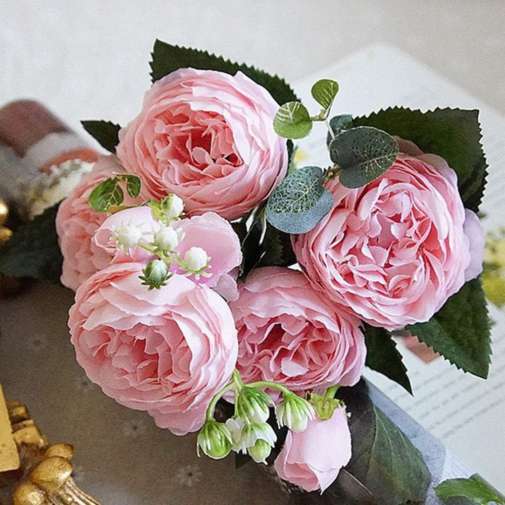 DWE Artificial Peony Flowers, 5 Heads Silk Peony Plastic Fake Flowers Bridal Bouquet for Christmas Wedding Party Home Ddecoration (B Pink)