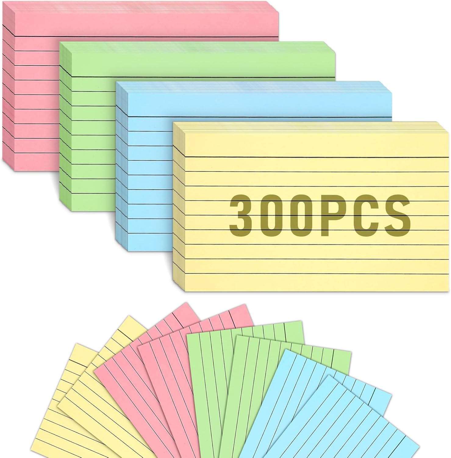 300 Count Colored Index Cards, 3x5 Inches Flash Cards, Lined Notecards Ruled Study Card Flashcards Heavy Note Cards for Studying, Learning, School, College