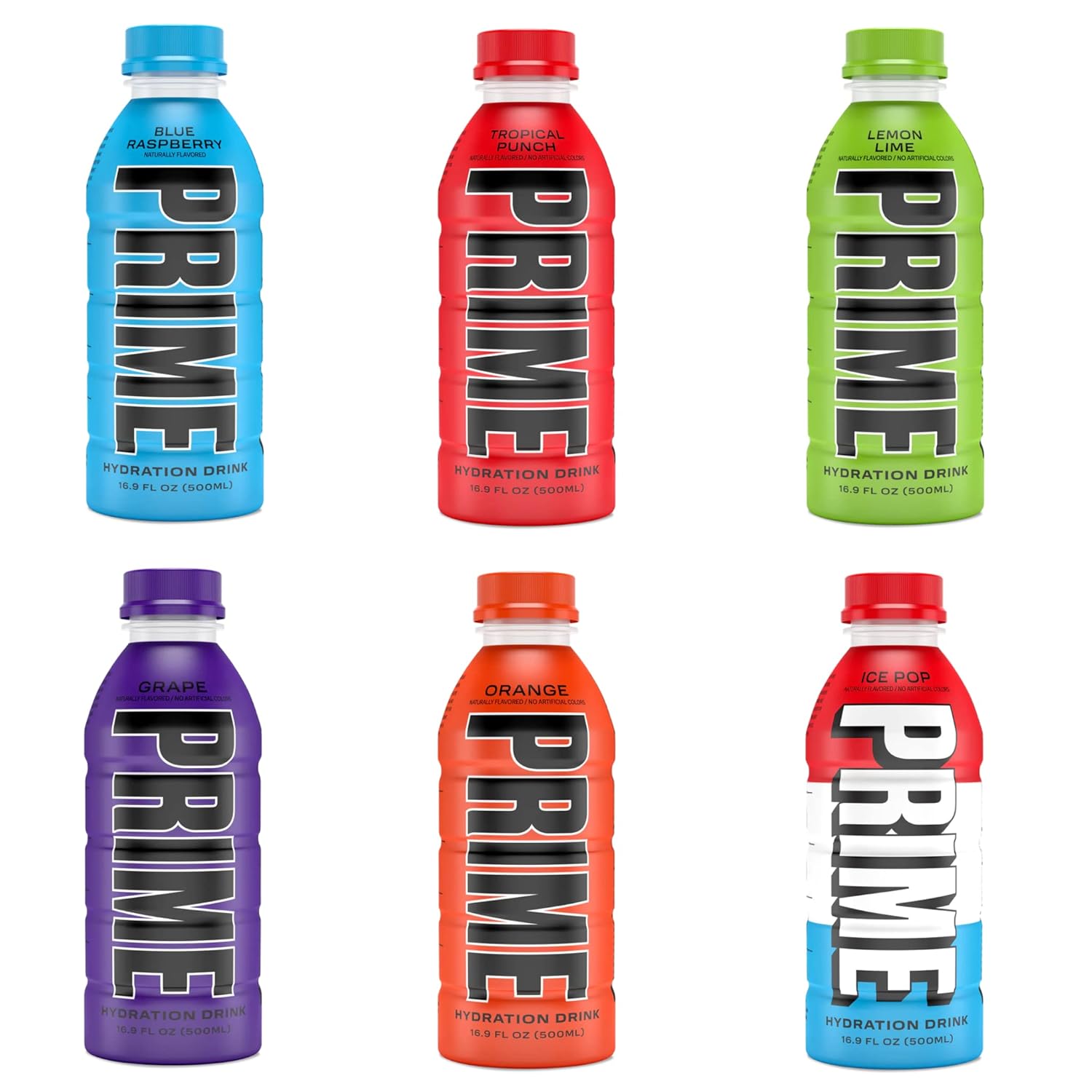 Prime Hydration Drink 6 Flavor Variety 12 Pack (2 of each flavor) Lemon Lime, Tropical Punch, Blue Raspberry, Orange, Grape & Ice Pop