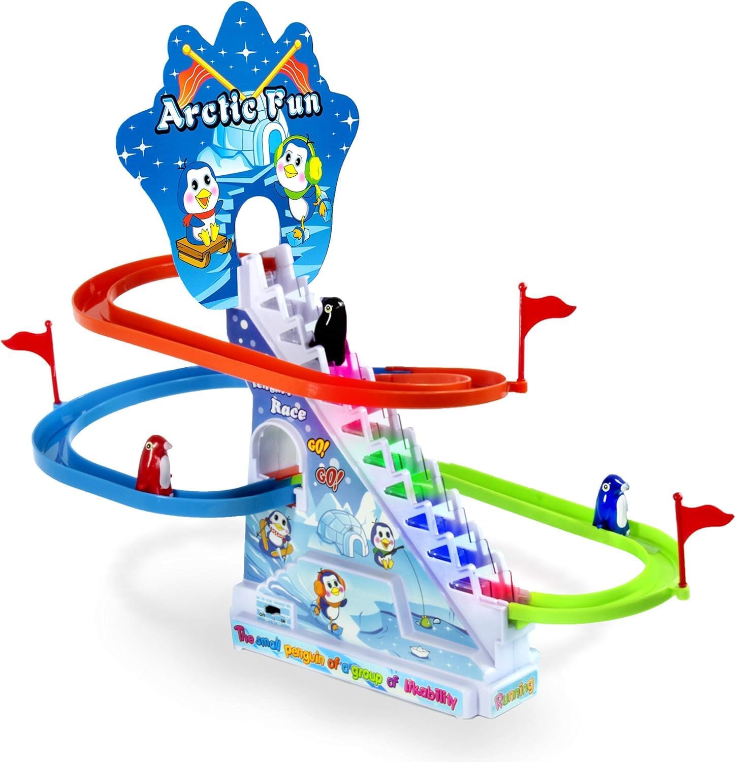 Arctic Fun Penguin Slide Toy Set: Stair Climbing Penguin Playset with Sliding Tracks, Music On/Off Switch for Quiet Play Option | Penguin Race Game for Kids Toddlers Boys and Girls
