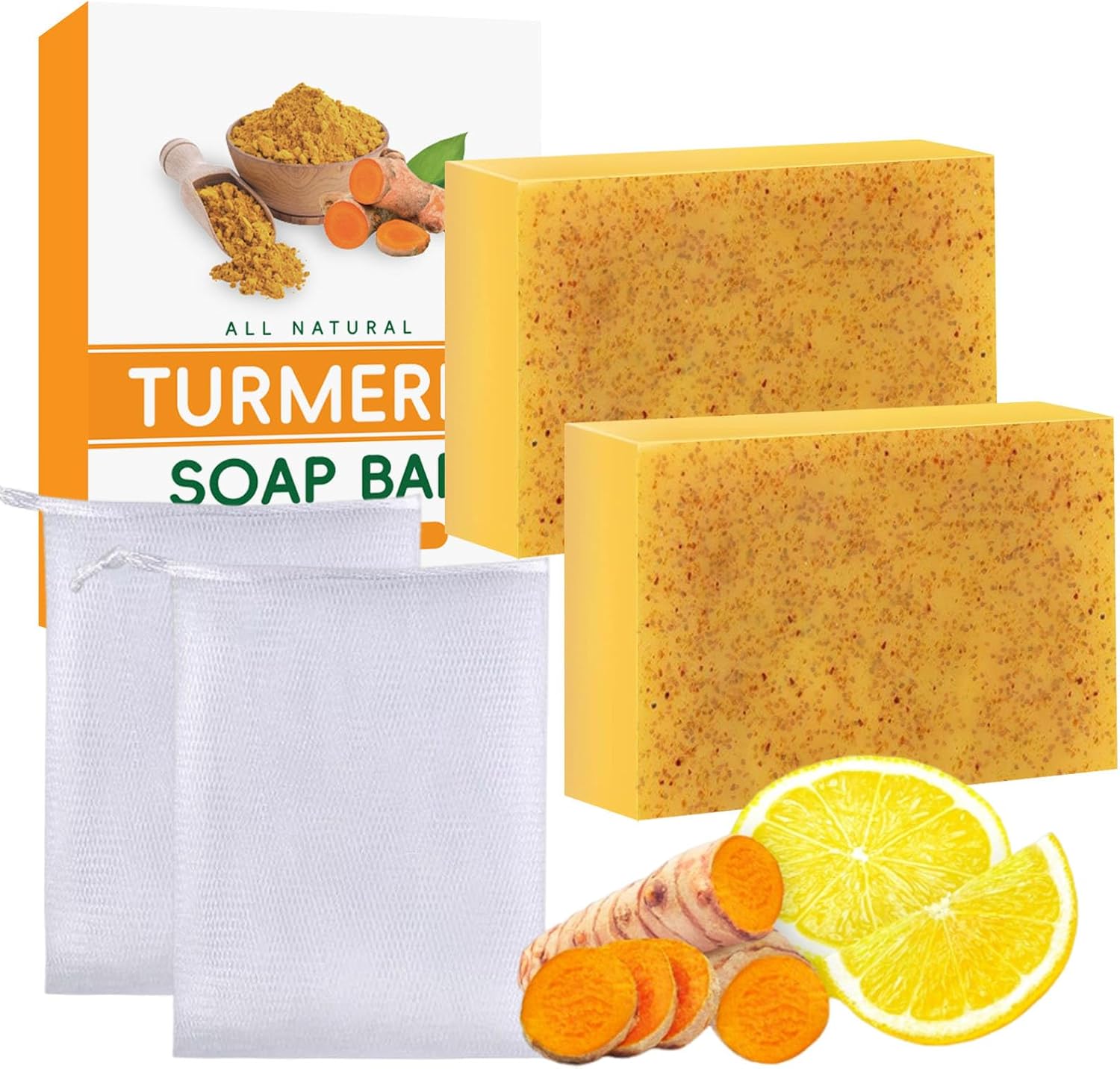 2PCS Kojic Acid Turmeric Soap Bar, Natural Kojic Acid Soap for Face & Body, Vitamin C Soap Bar, Acne Blackheads Dark Spot Remover for Even Skin Tone, Deep Cleansing & Moisturizing, with Foaming Nets