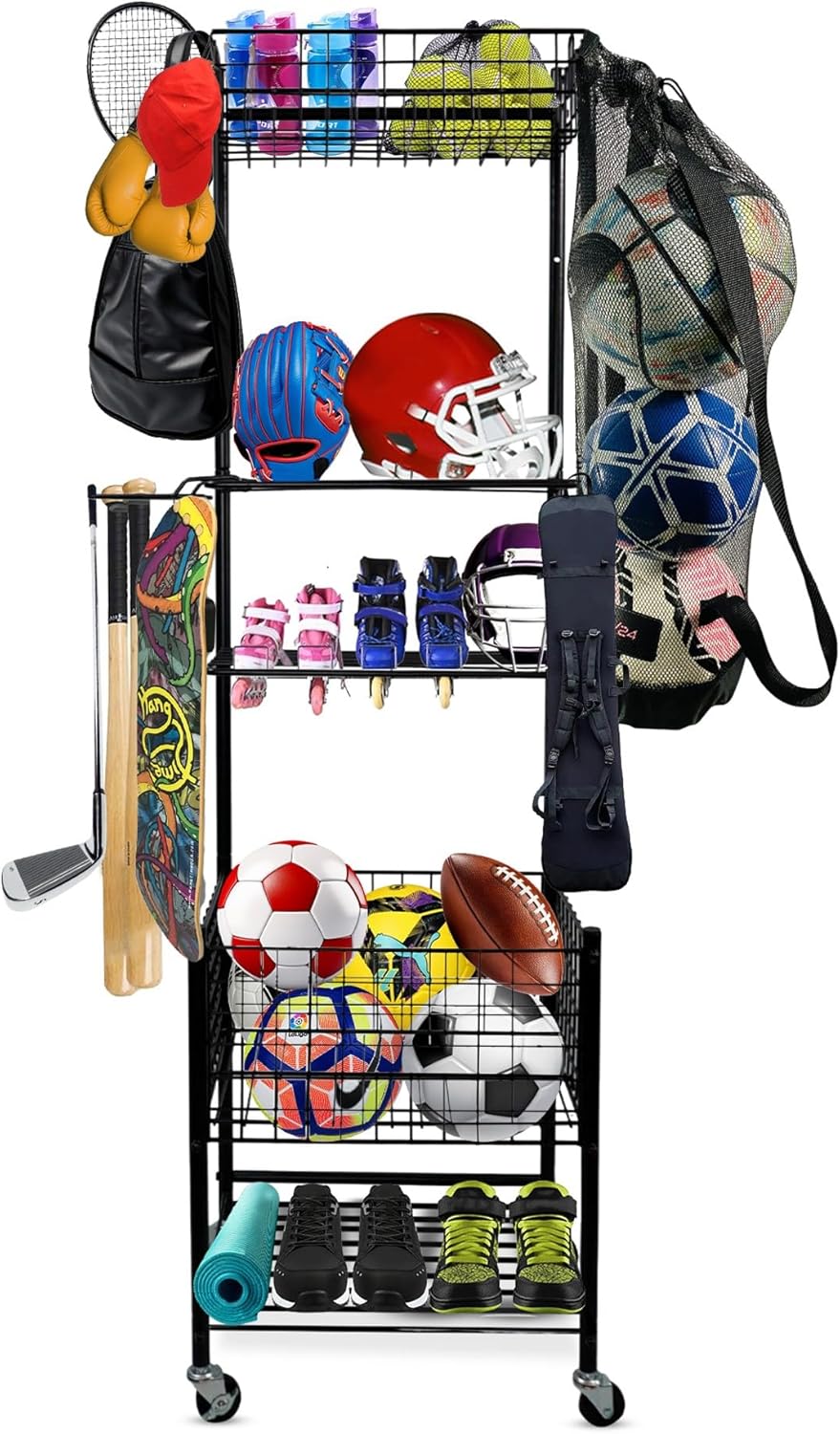 Garage Sports Equipment Organizer, Ball Storage Outdoor Toy Storage, 5 Layers Sports Outdoor Rack Nerf Gun Rack Basketball Rack for Balls with Holder and Hooks.