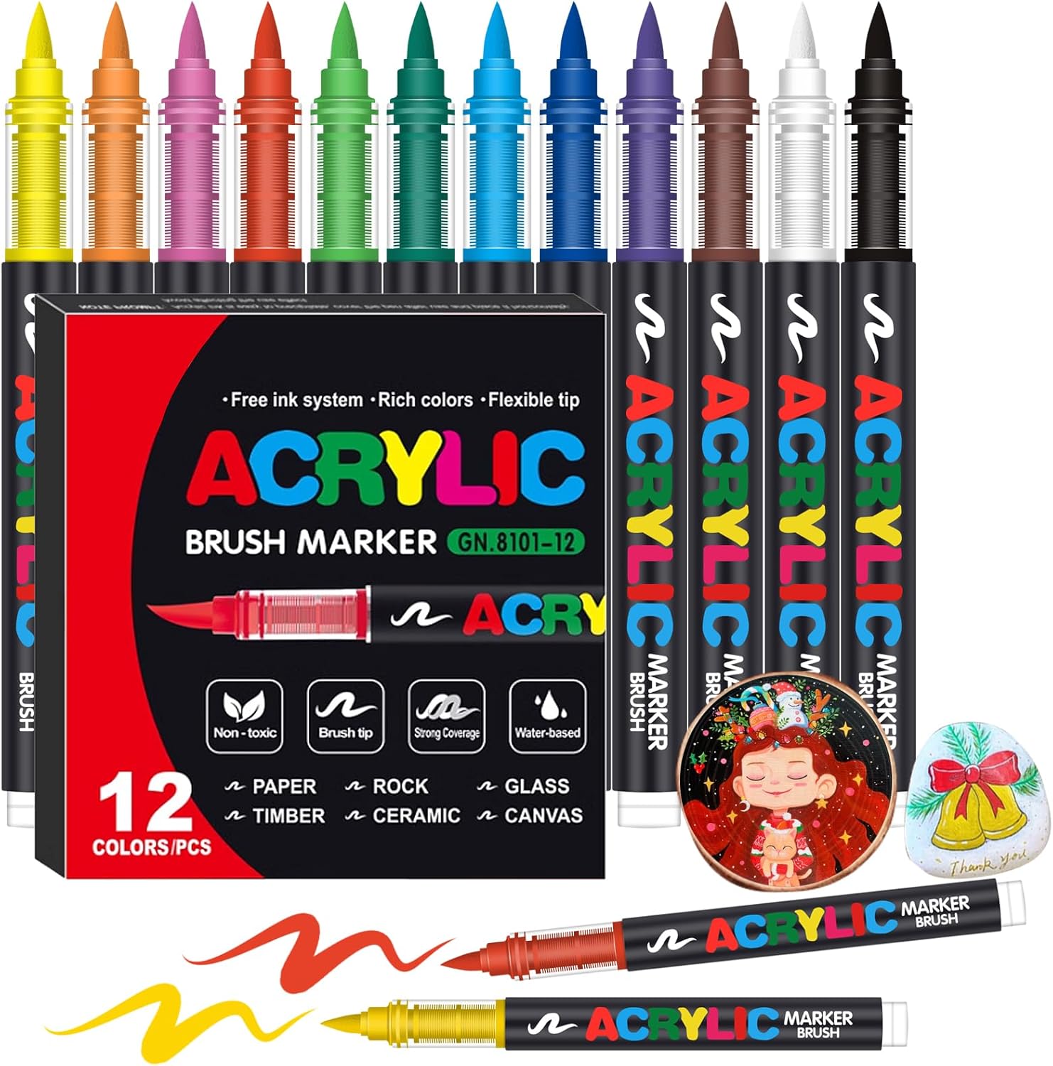 Acrylic Paint Markers, Soft Brush Tip Pens and Markers, Acrylic Paint Pens for Wood, Stone, Canvas, Glass, Fabric, Egg, Rock Painting and DIY Crafts Art Supplies (12)