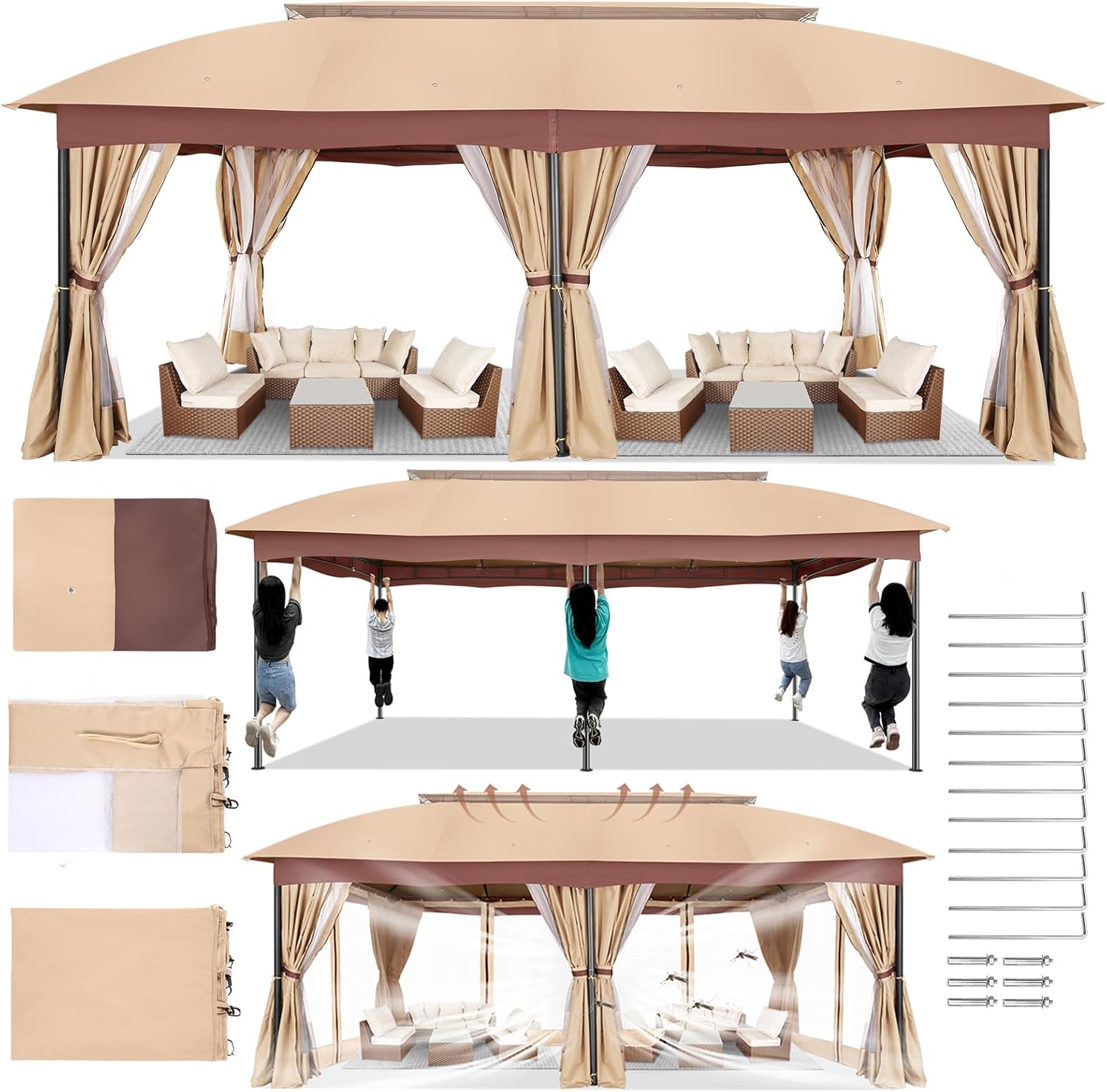 COBIZI Gazebo 12x20 with Improved Cold-Proof Curtains Nettings Outdoor Canopy Winter Gazebos on Clearance Heavy Duty Pavillon Double Roof with Metal Frame Gazebo Tent for Patio, Deck (Frame Thickened)