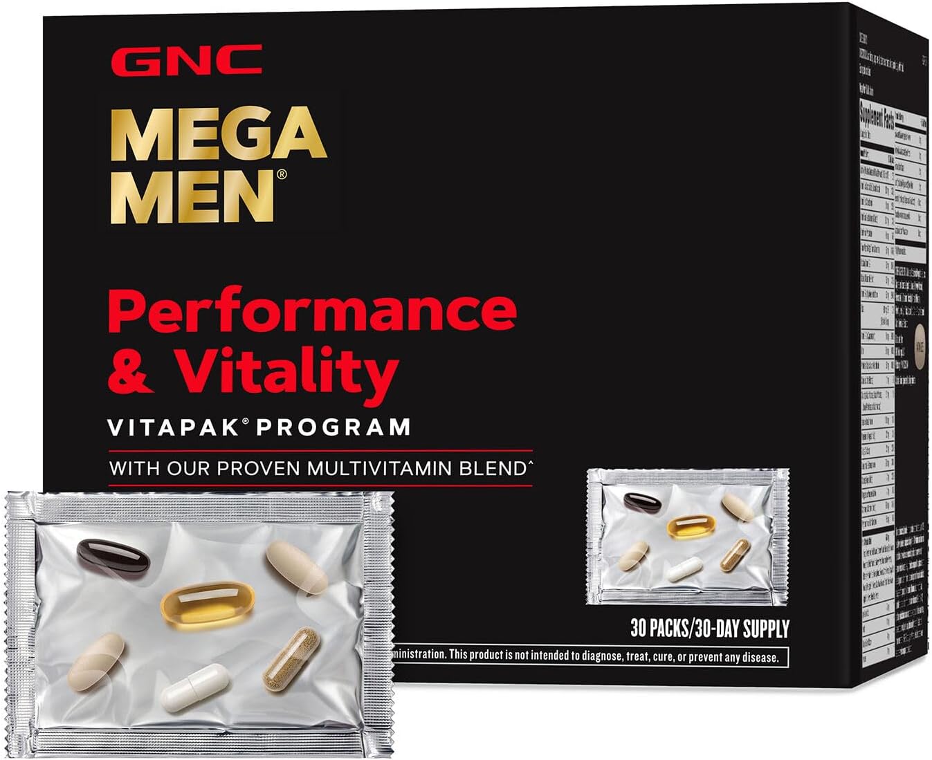 GNC Mega Men Performance and Vitality Vitapak Program, Convenient Complete Nutrition, 5 Products in 1 Packet, Circulation, Blood Flow, Prostate Health, Sexual Function, 30 Packs