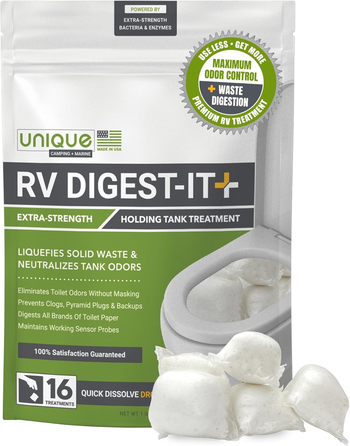 Unique RV Digest-It+ Extra-Strength RV Toilet Treatment Pod - Liquifies Waste and All Brands of Toilet Paper - Eliminates Odors at the Source (16 Pods)