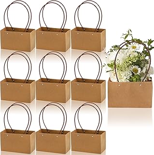 DEAYOU 10-Pack Kraft Paper Flower Gift Bags, Brown Bouquet Bags Box with Handle, Small Brown Paper Carrier Tote Bags with Waterproof Lining for Floral Arrangements, Party Favor, Ultra Thick