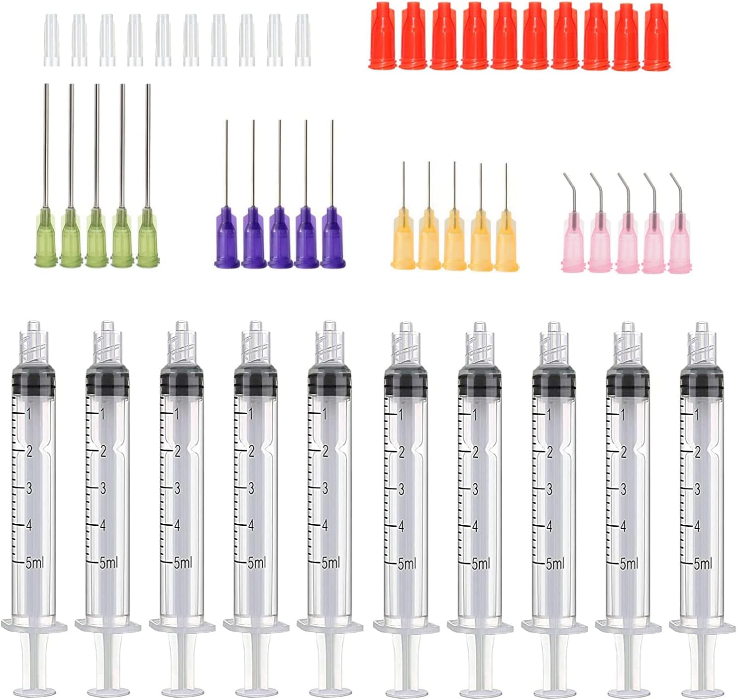 50 Pcs - 5ml Syringes with 14ga, 20ga,21ga, 23ga Blunt Tip Needles With Syringe Caps and Needle Caps for Refilling and Measuring Liquids, Oil or Glue Applicator