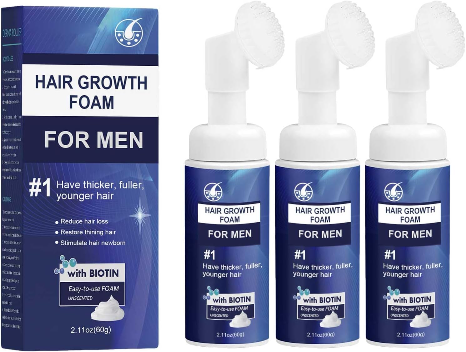 Hair Growth Foam for Men, Activate Scalp Pores for Thicker Hair and Beard, 60g Combat Hair Thinning, Receding Hairline & Hair Loss, Advanced Formula Easy to be Used