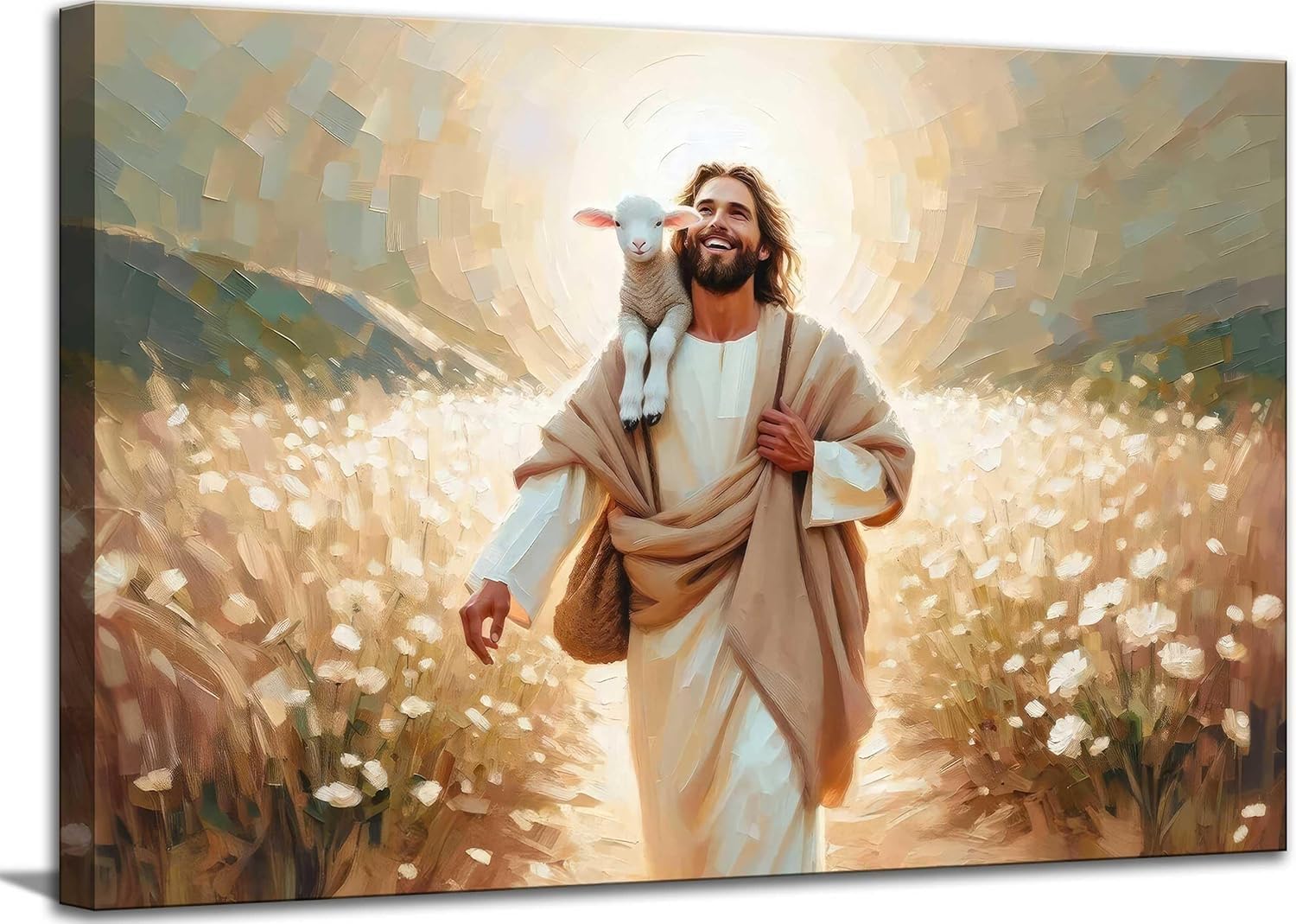 Jesus and Lamb Canvas Wall Art Jesus Saves the lost lamb Wall Decor Pictures Jesus Walking Among Flowers Painting Posters Prints for Dining Living Room Kitchen Wall Bedroom Decoration(Jesus, 24L" x 36W")