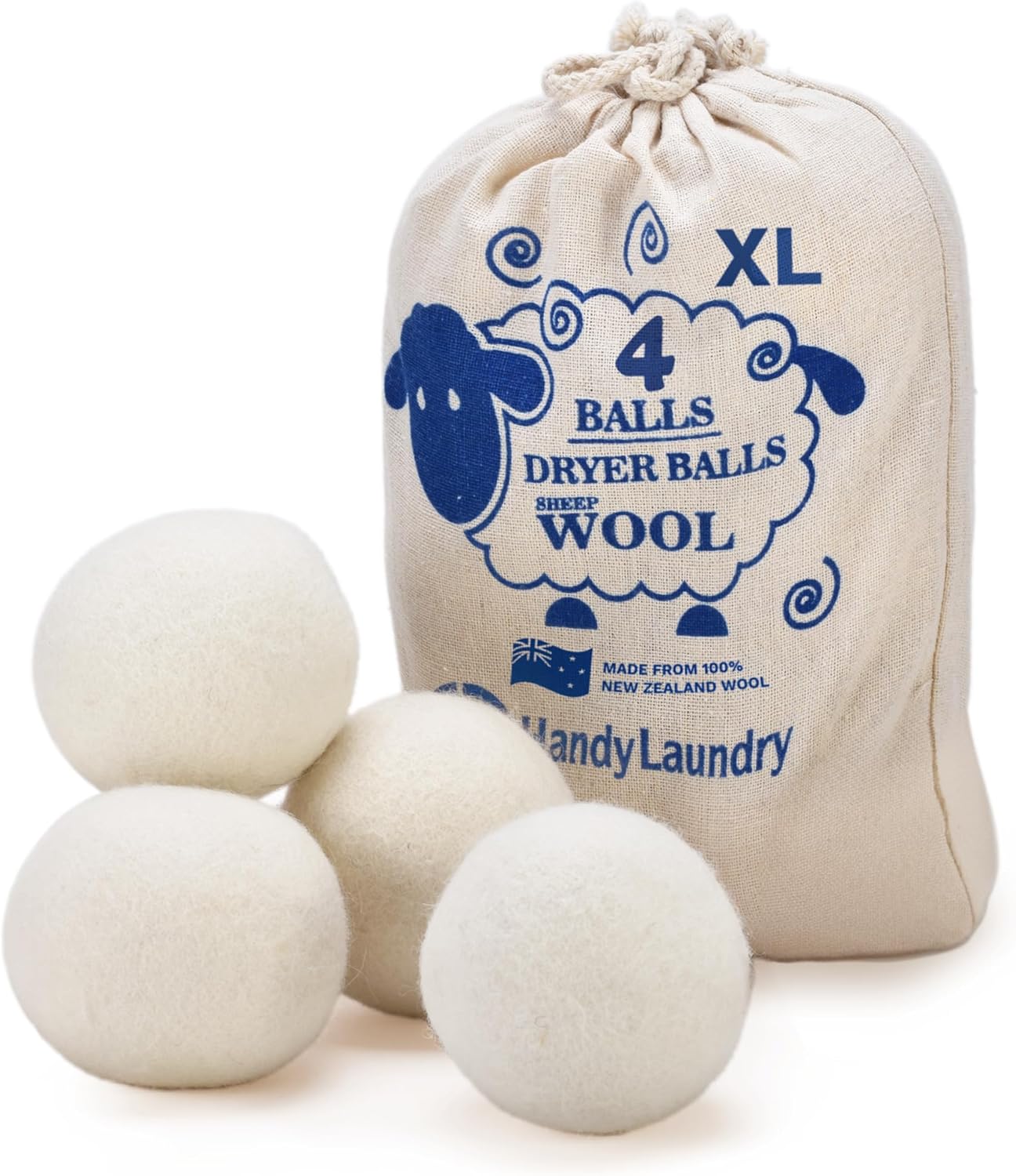Handy Laundry Wool Dryer Balls - Natural Fabric Softener, Reusable, Reduces Clothing Wrinkles and Saves Drying Time, Better Alternative to Plastic Balls and Liquid Softener (Pack of 4)