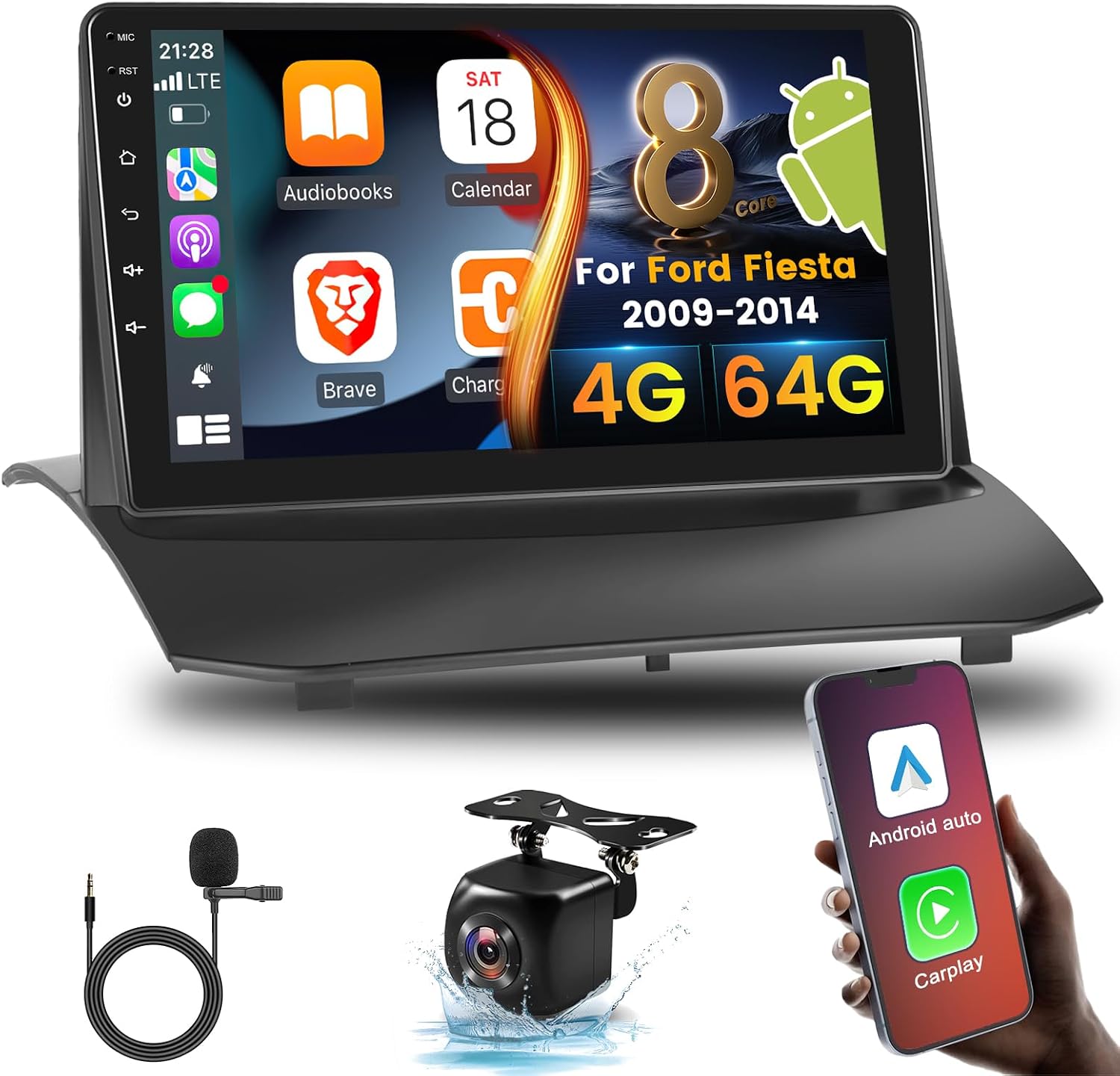 [8 Core 4G+64G] Car Radio for Ford Fiesta 2009 2010 2011 2012 2013 2014, 9 inch Android Touch Screen Stereo, DSP 32 EQ/IPS Screen/Carplay/Android Auto/SWC/Bluetooth 5.0/WiFi