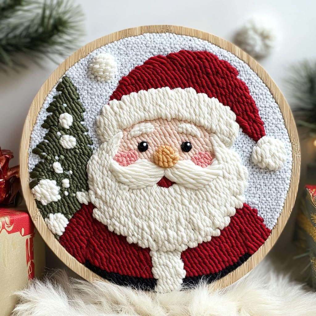 DIY Punch Needle Kits for Beginners Santa Claus with Hoop Punch Needle Starter Craft Embroidery Set Easy for Adults and Children Festival Gift and Decoration 20x20cm-9