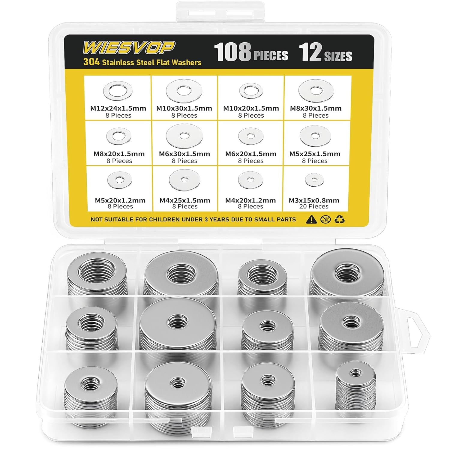 108Pcs 304 Stainless Steel Flat Washers, Fender Washers Assortment Kit 12 Sizes (M3-M12) Metal Washers for Screws Bolts Large and Small Hardware for Various Home Industrial Automotive