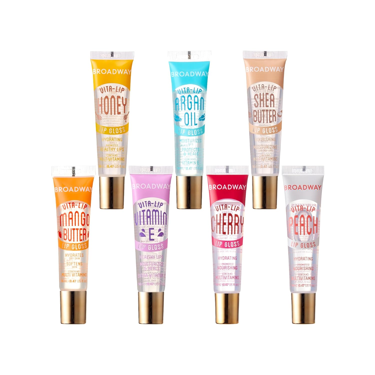 Ruby Kisses Broadway Vita-Lip Clear Lip Gloss (7 Pack) Ultra-Hydrating & Soothing Formula with Vitamins, High-Shine Non-Sticky Finish Lip Balm with Honey, Argan Oil, Shea, Mango Butter, Cherry, Peach
