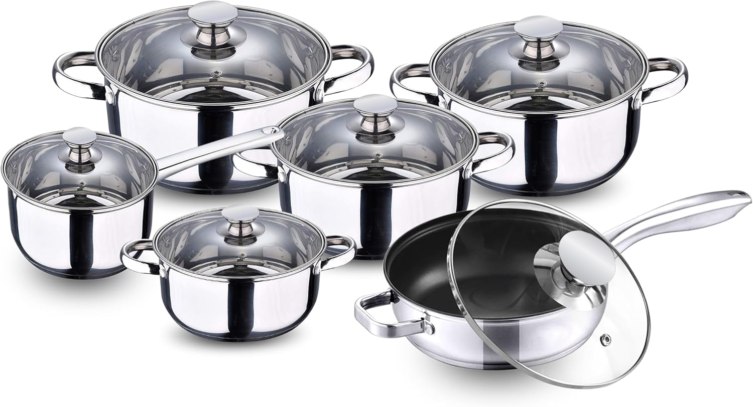 Crystals 12Pcs Induction Stainless Steel Cookware Set with Glass Lids – Mirror Polished Casseroles, Saucepans & Stockpots – Oven & Dishwasher Safe Kitchen Cookware (Design - 3)