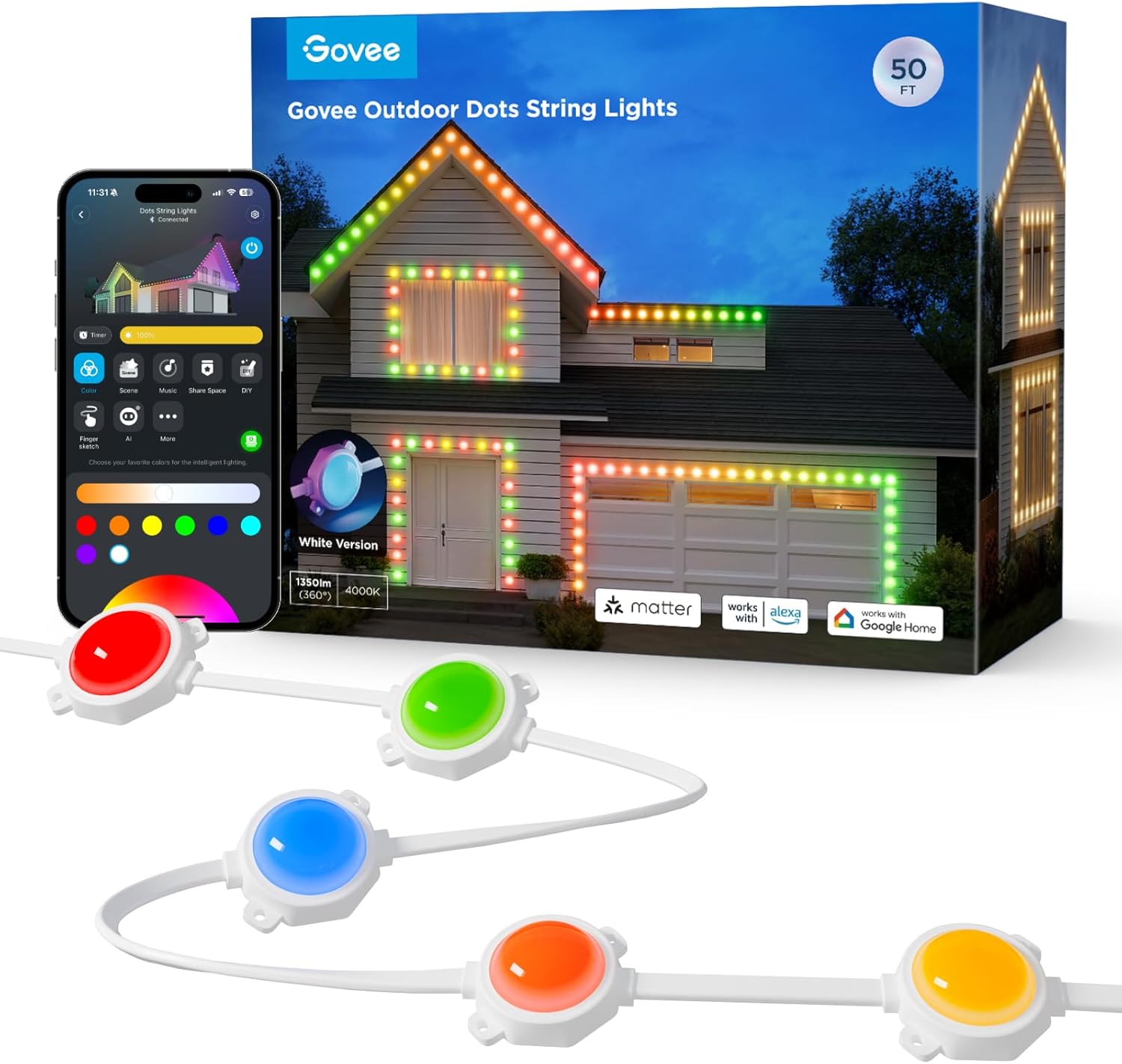 Govee Outdoor Dots String Lights, Smart RGBIC Outdoor Lights with 65 Scene Modes, 15m with 45 LED Lighting, IP65 Waterproof for Festive or Daily Decor, Works with Alexa, Matter, Google Assistant