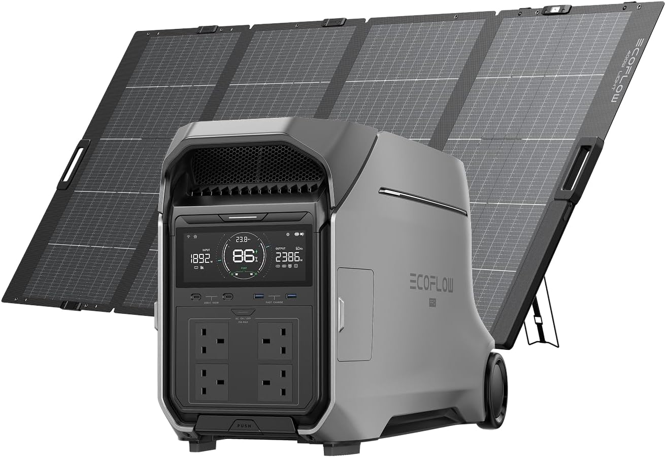 EF ECOFLOW DELTA Pro 3 Portable Power Station & 400W Solar Panel, 4096Wh LFP Battery, Expandable to 12kWh, 230V 4000W AC Output, Solar Generator for Home Use, Camping Accessories, Power Outages, RVs