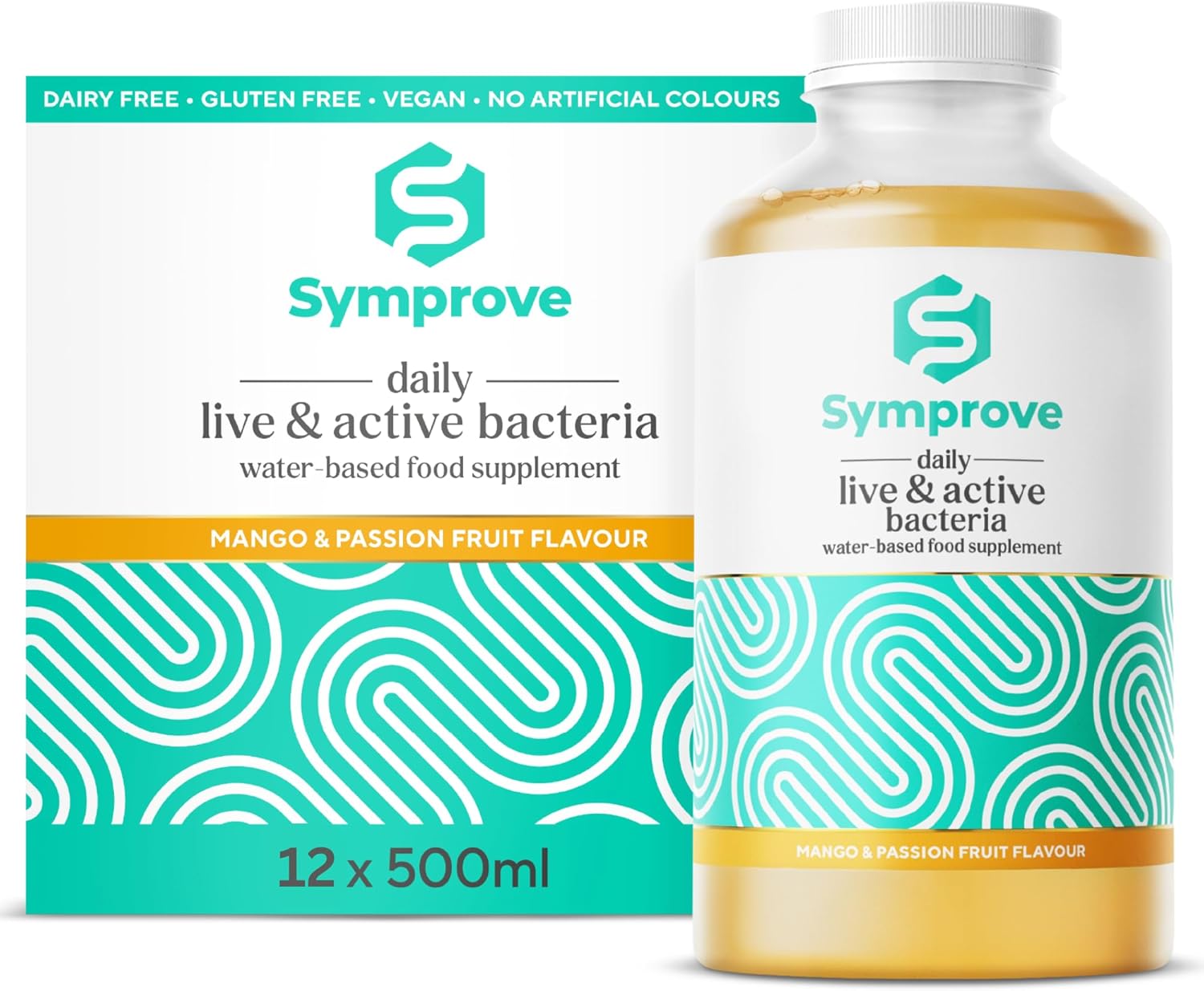 Symprove Daily Probiotic Drink - Mango & Passion Fruit, 10 Billion CFUs, 4 Clinically Studied Strains, Gut & Immune Support, Water-Based, Vegan, Dairy & Gluten Free (Pack of 12 x 500ml)
