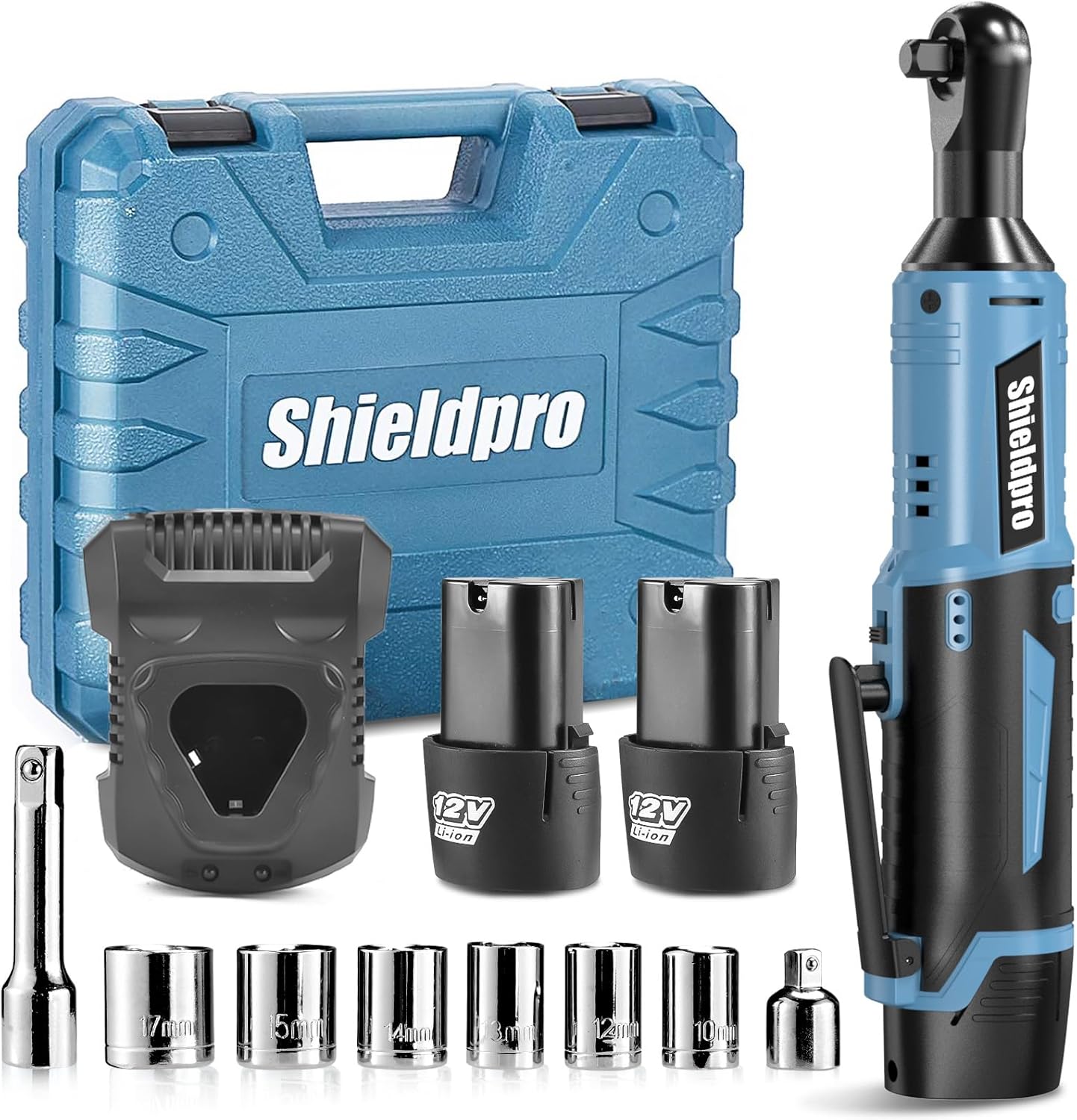 SHIELDPRO Cordless Electric Ratchet Wrench Kit,40Ft-lb 3/8" Power Ratchet Wrench 1-Hour Fast Charge,2 Packs 2000MA Lithium-Lon Battery,1/4 Adaptor,Extension Bar