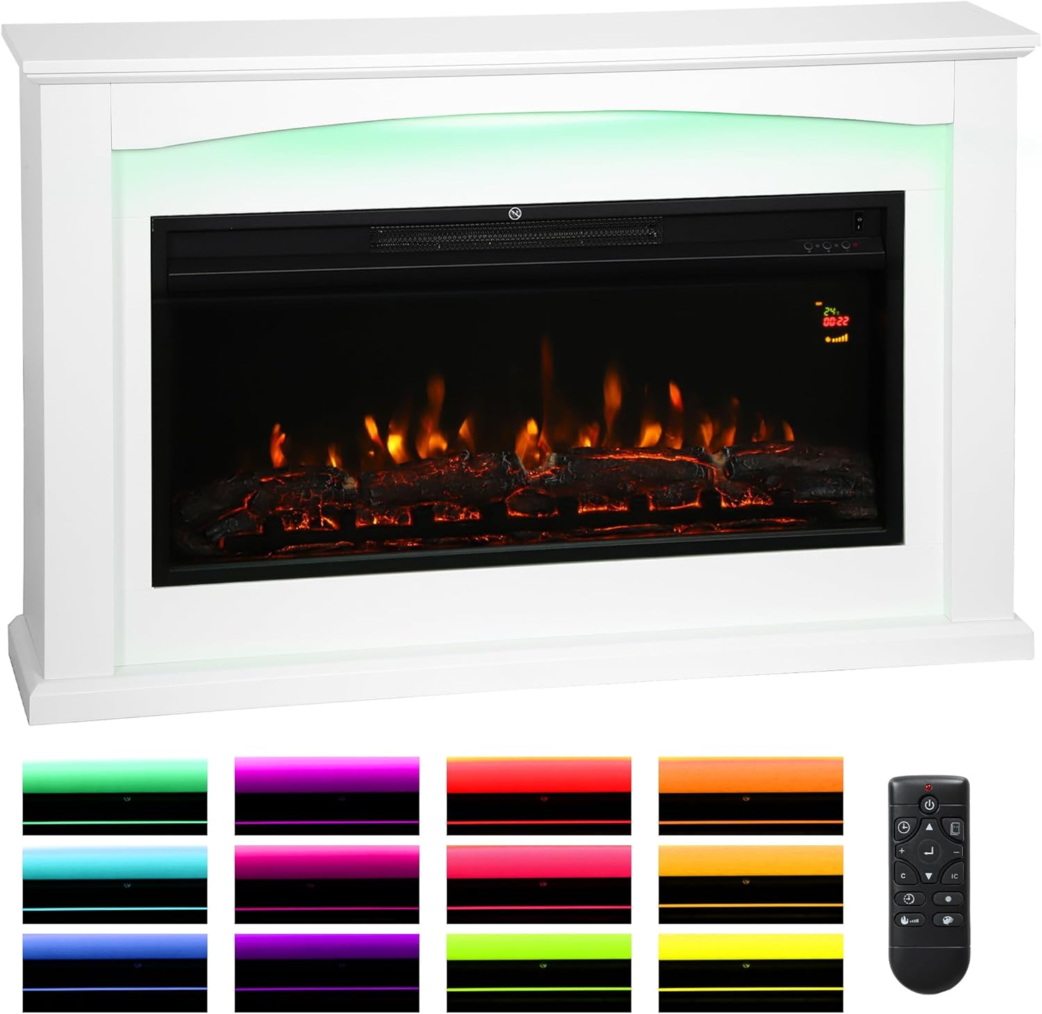 HOMCOM 48"/121 cm Electric Fireplace with Realistic Flame Effect & 5 Brightness Levels, 1000W/2000W Inset Electric Fire and Mantel Reach up to 30 m² Space with Remote & Timer for Living Room, White
