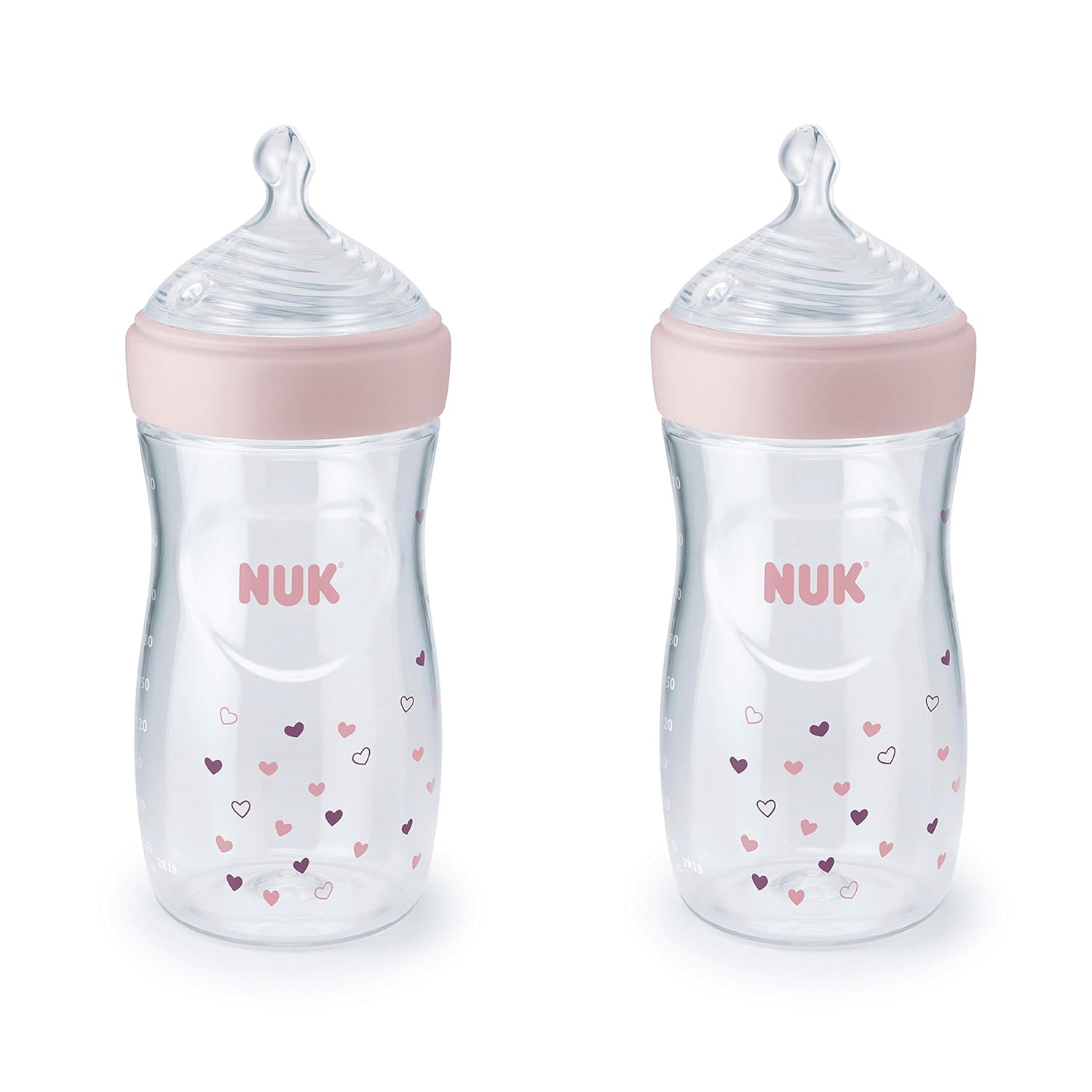 NUK Simply Natural Baby Bottle with SafeTemp, 9 oz, 2 Pack, Pink Hearts