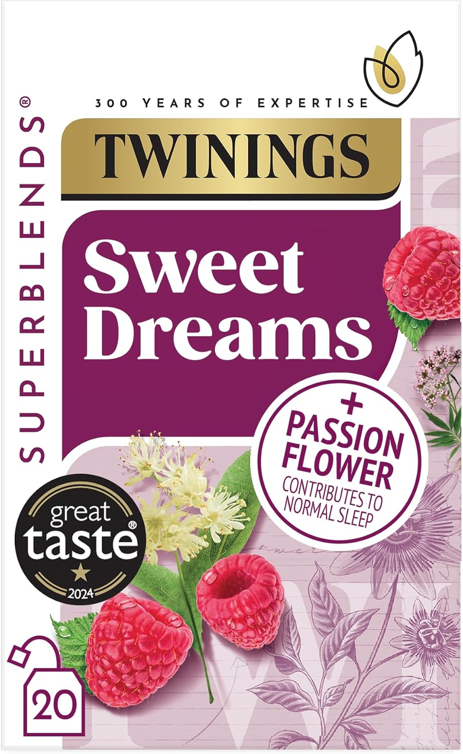 Twinings Superblends Sweet Dreams Tea - Raspberry, Passionflower & Valerian Root Herbal Tea Infusion with Niacin (Vitamin B3) - Sleep Tea, 20 Biodegradable Tea Bags