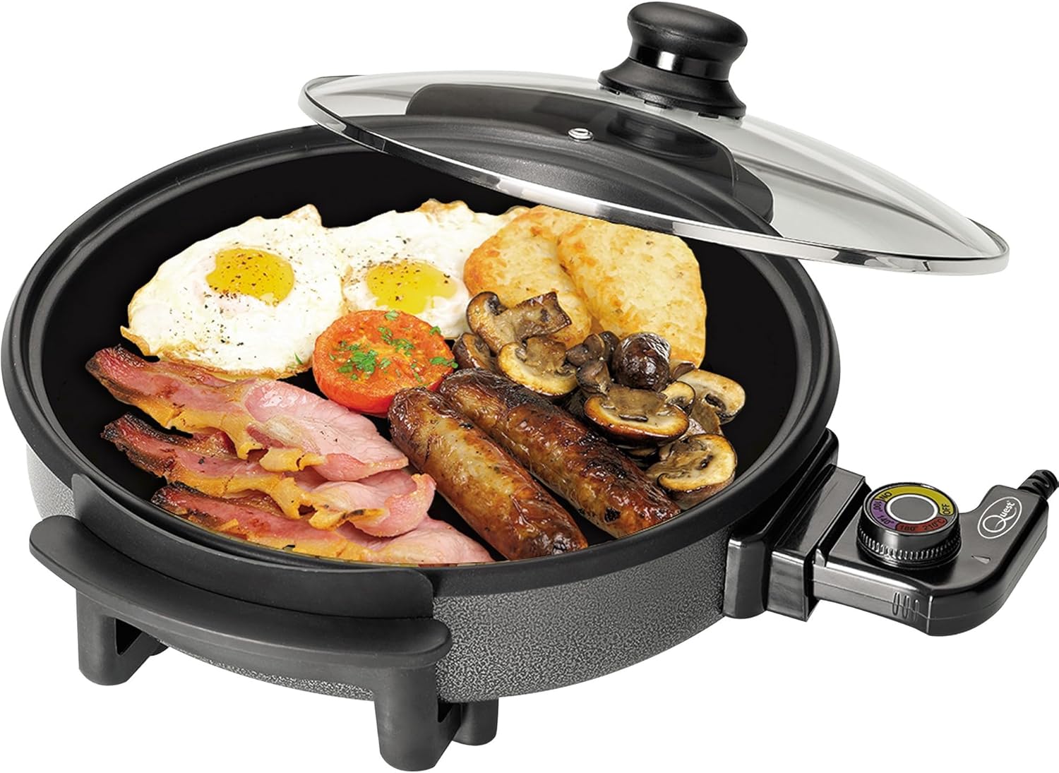 Quest 35410 30cm Multi-Function Electric Cooker Pan with Lid/Adjustable Thermostatic Control/Non-Stick Aluminium / 30 x 30cm Surface/Detachable Power Cable For Serving