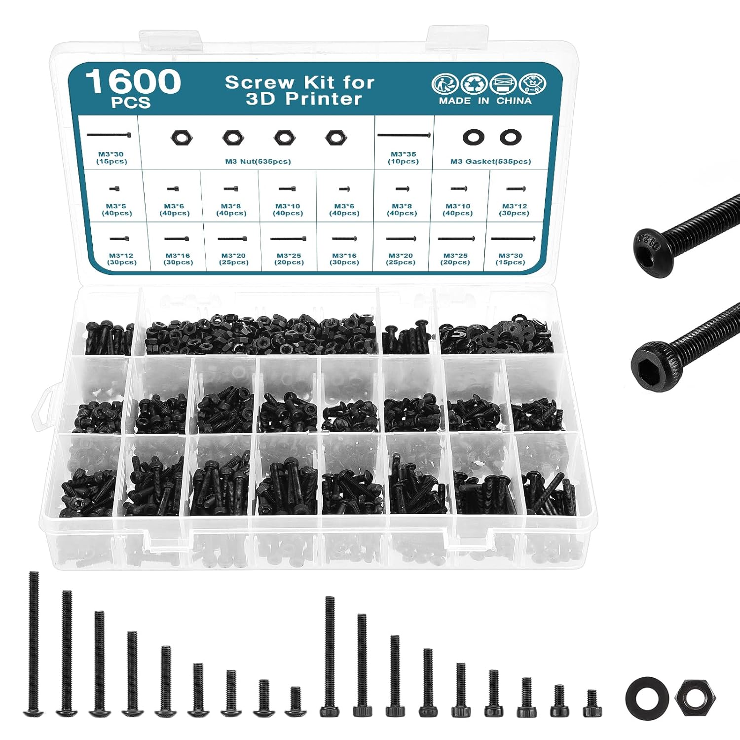 1600 PCS M3 Hex Screw Kit for 3D Printer,12.9 Carbon Steel Screws with Nuts & Washers,Black Small Machine Screw Set