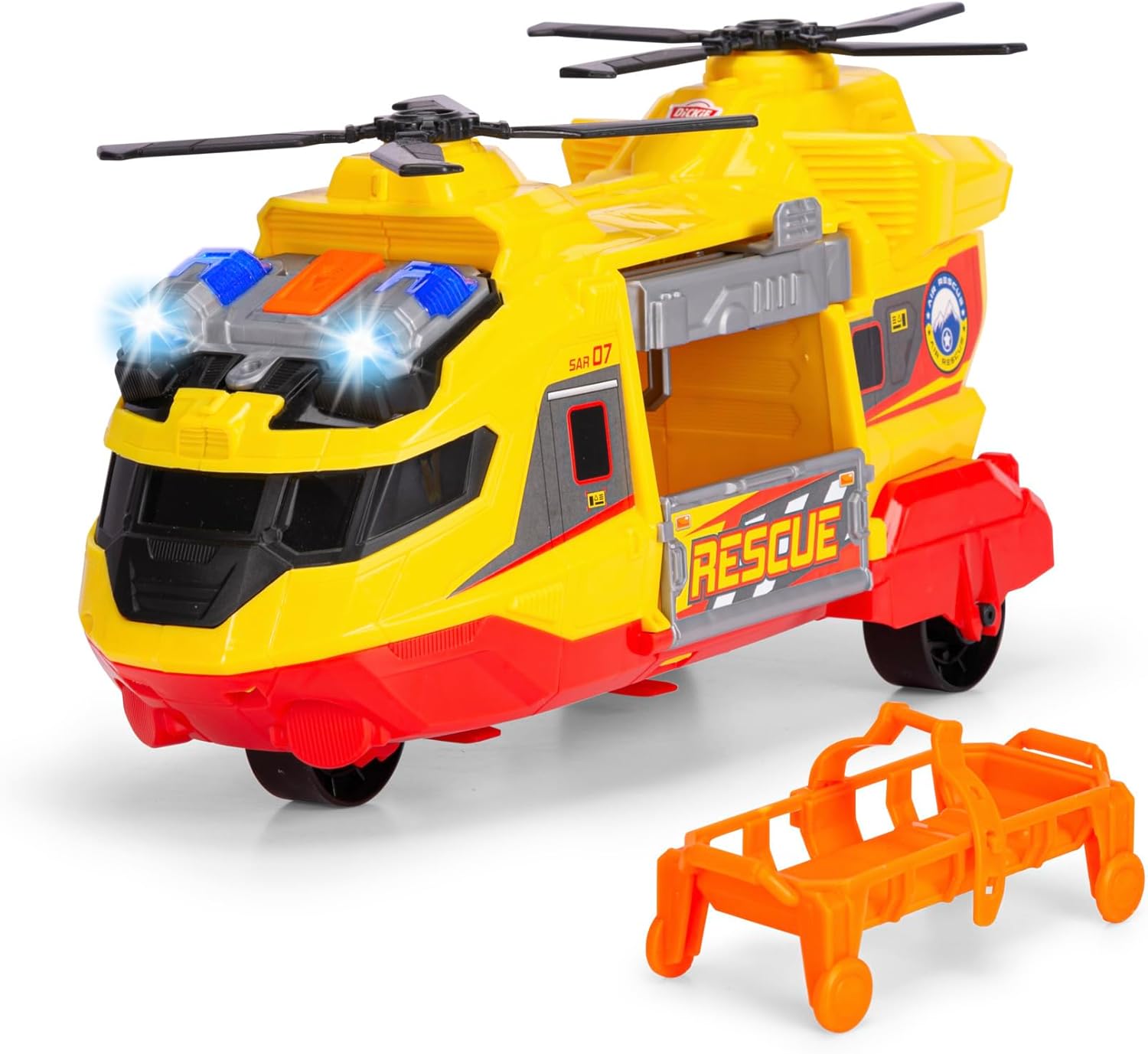 DICKIE TOYS: Rescue Helicopter - Yellow & Red - 11" Light & Sound Toy Vehicle, Stretcher & Extendable Crane Arm, Freewheel Base, Kids Ages 3+