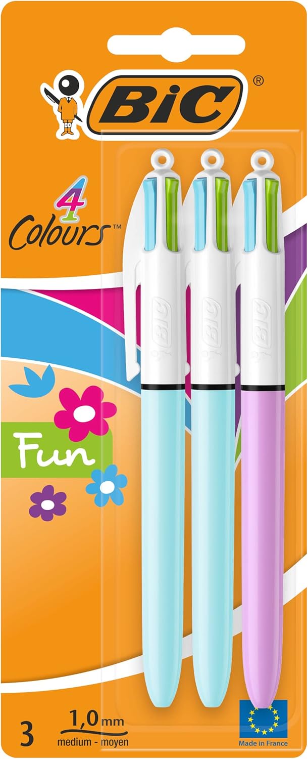 BIC 4 Colours Fun Retractable Ballpoint Pens with Four Ink Colours and Medium Point (1.0 mm), Pack of 3