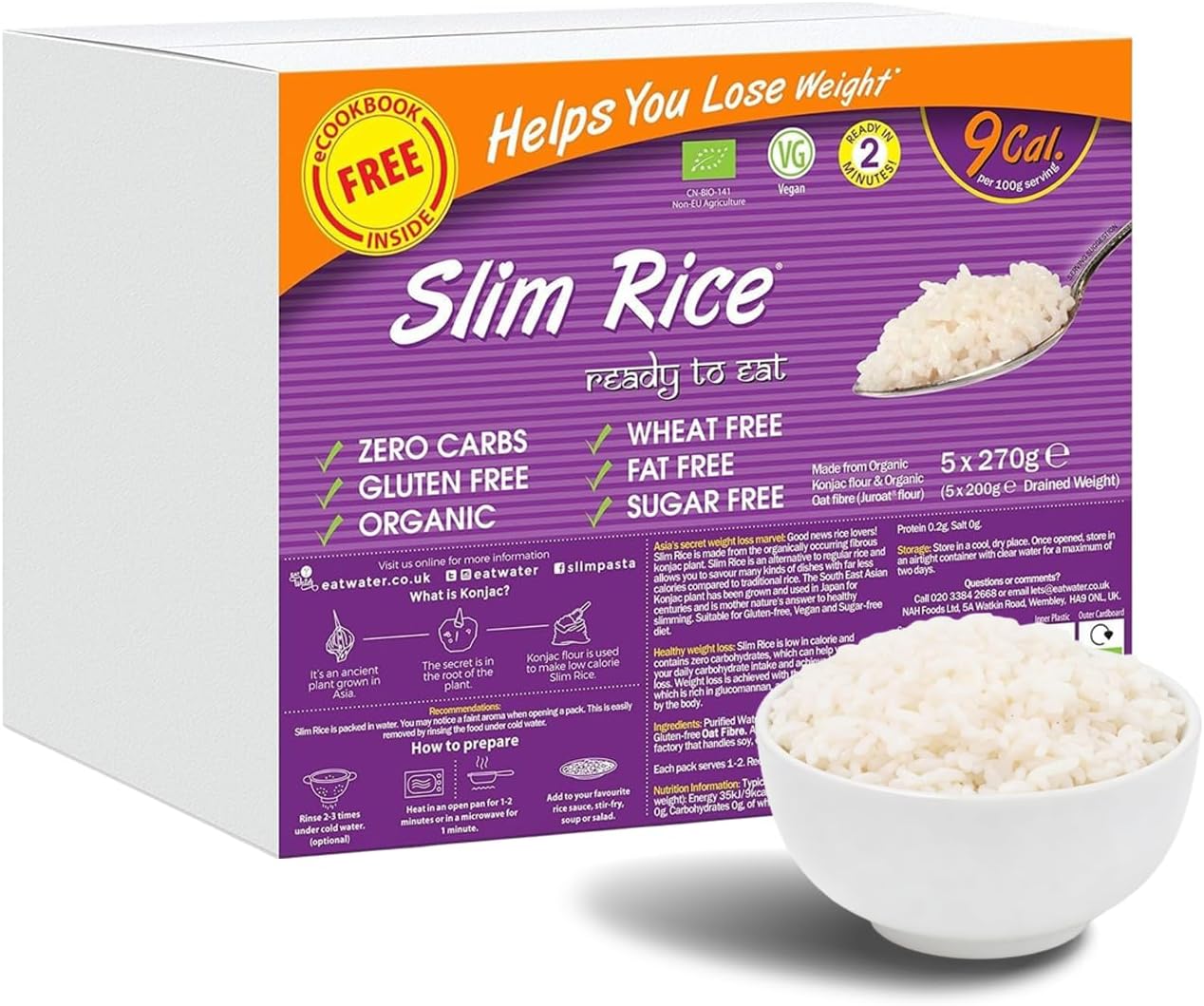Eat Water Slim Rice 270g (Pack of 5) – Organic Konjac Rice Alternative, Low Calorie, Zero Sugar, Gluten-Free, Zero Crab,Wheat-Free, Vegan, Ready to Cook Instant meal, Plant-Based Rice Option