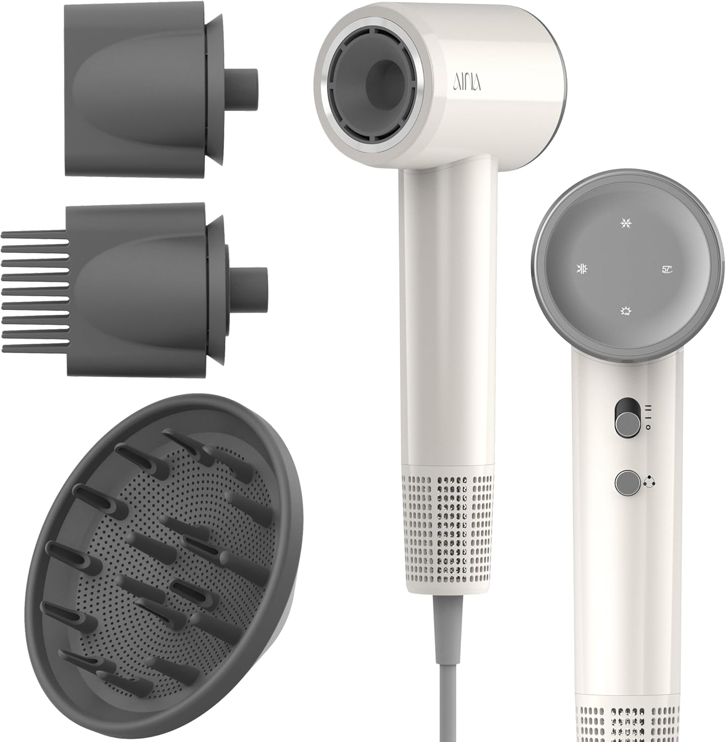 AINA Hair Dryer, Blow Dryer with Diffuser Brush Comb for Women - BLDC Hair Dryer - Brushless Motor, 110,000 RPM Lightweight, Ionic Travel, 3 Magnetic Attachments 110V/ALCI(White)
