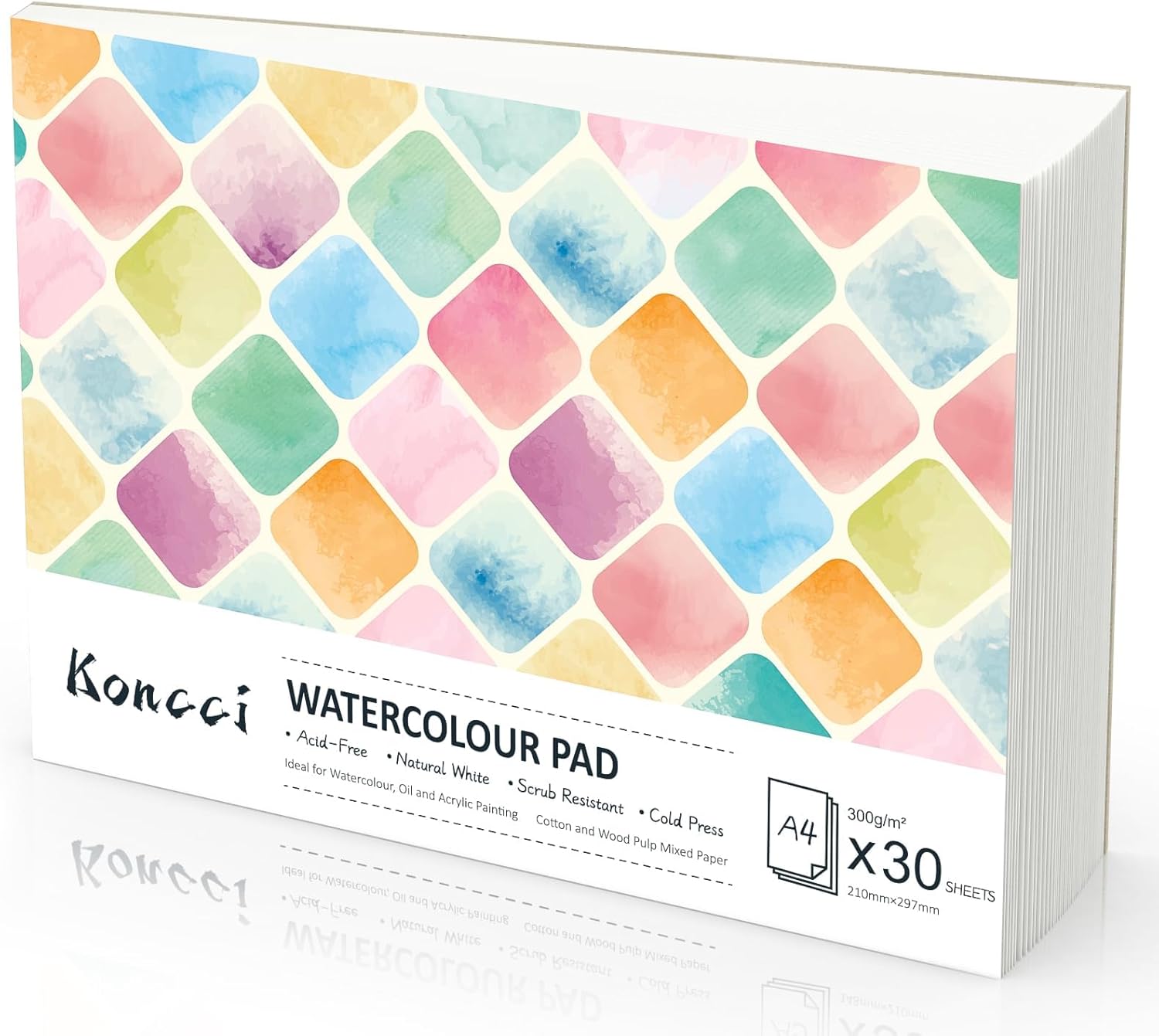 KONCCI Watercolour Paper Pad A4, 30 Sheets Watercolour Sketchbook 300GSM, Cotton Blend, Cold Press & Acid-Free, Natural White, Glued Bound, for Painting Drawing Beginner Students