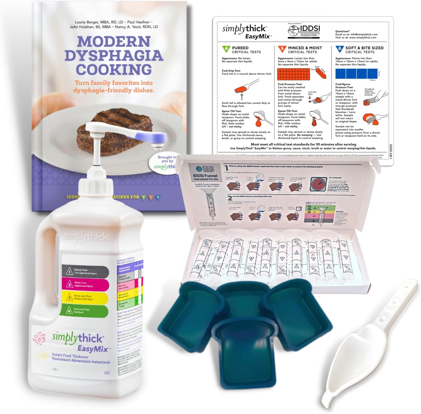 SimplyThick EasyMix Dysphagia Care Bundle | Includes 55 Fl Oz Simply Thick Gel Thickener, IDDSI Funnel 10-Pack, IDDSI Cutting Board, SimplyThick Chicken and Bread Forms, and Modern Dysphagia Cookbook