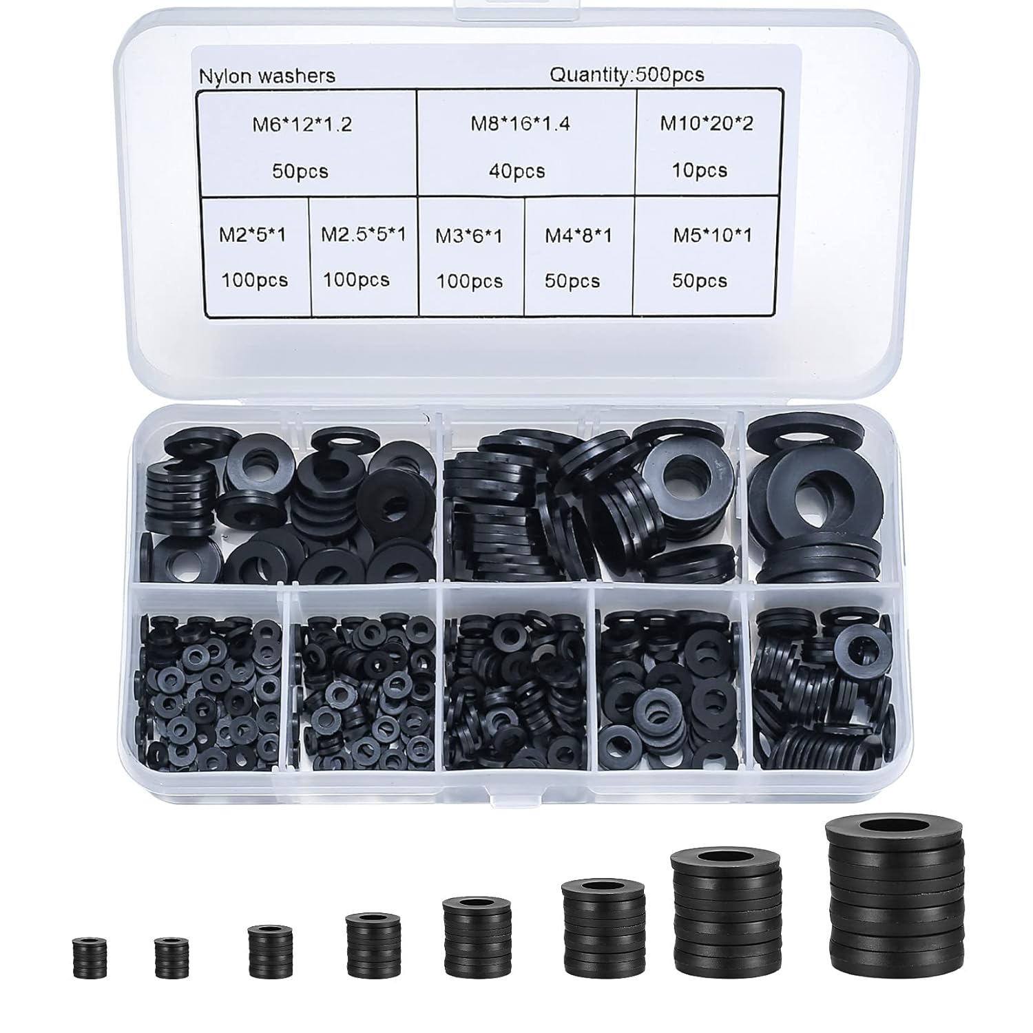 500 pieces black nylon gasket, plastic flat O-ring gasket, round gasket gasket assortment, faucet gasket gasket for pipes, faucets, mechanical repair - M2/M2.5/M3/M4/M5/M6/ M8/M10