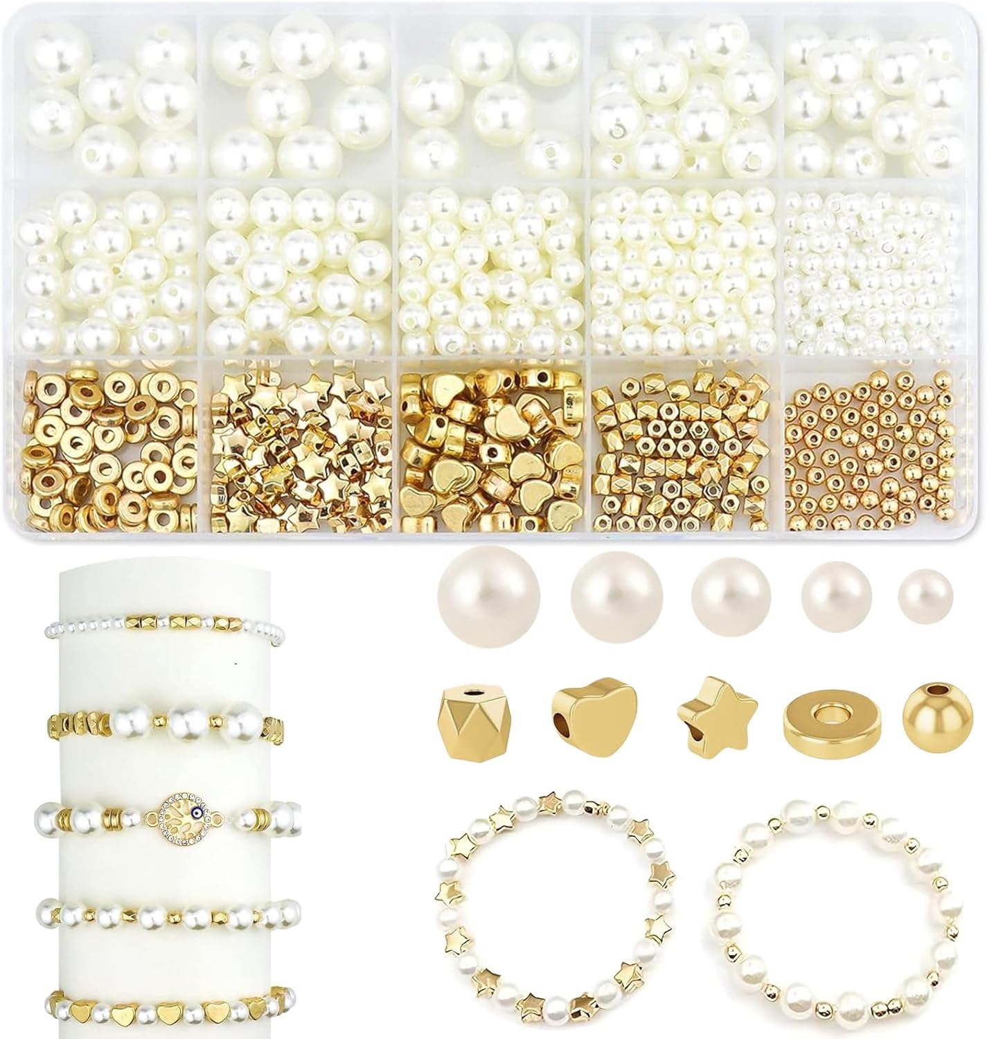 White Gold Polished Loose Beads Making Kit, 800Pcs Gold Spacer Beads and Pearl Beads Set, Smooth Gold Clay Beads Charms with Storage Box, Pearl Beads Bracelets Making for DIY Necklace Earrings