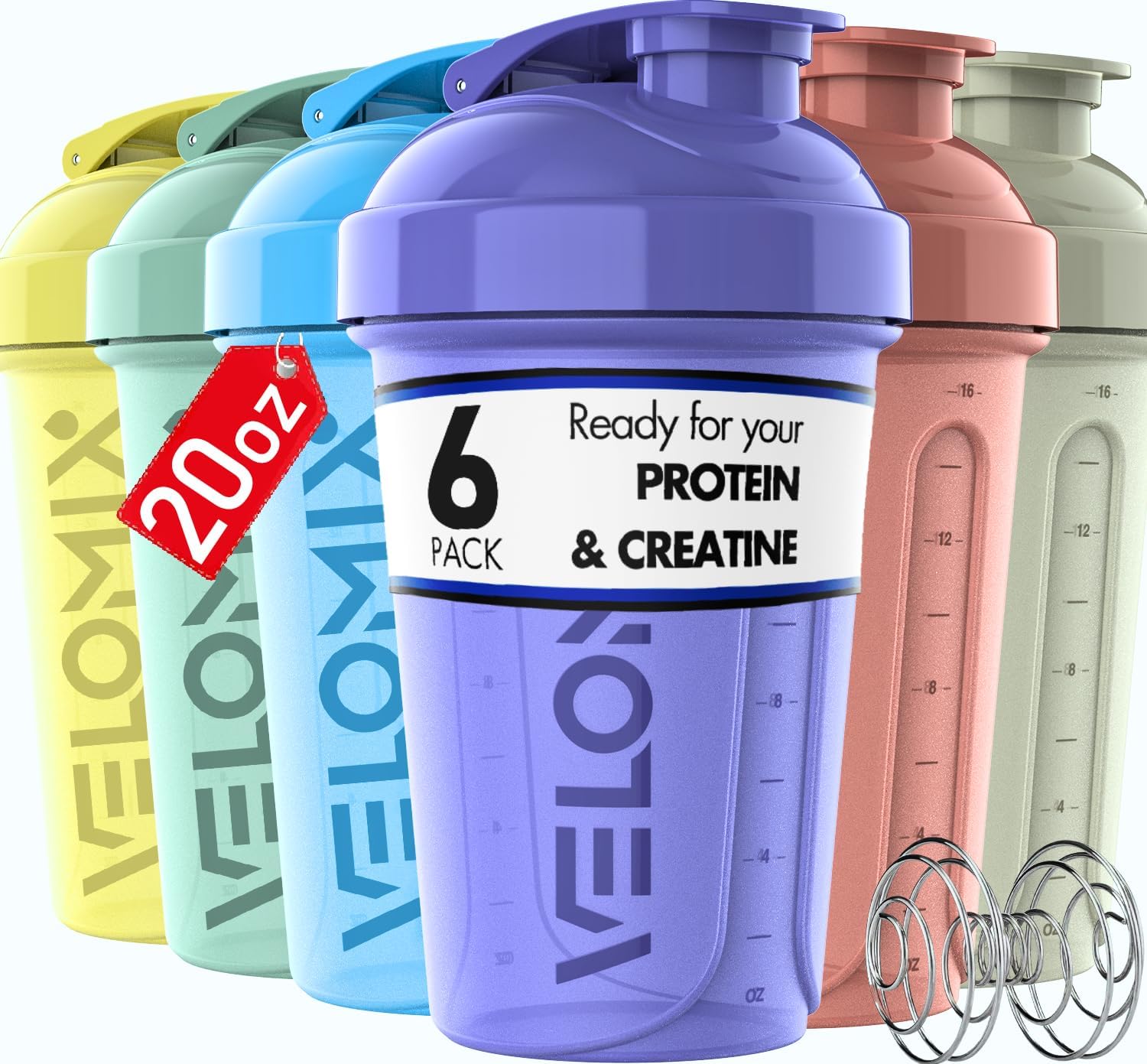 -6 PACK- 20 OZ Protein Shaker Bottles for Protein Mixes, Shaker Cups for Protein Shakes, Small Shaker Bottle Pack, Shaker Cup, Shakers for protein Shakes (Pastel Shades - 6 Pack)