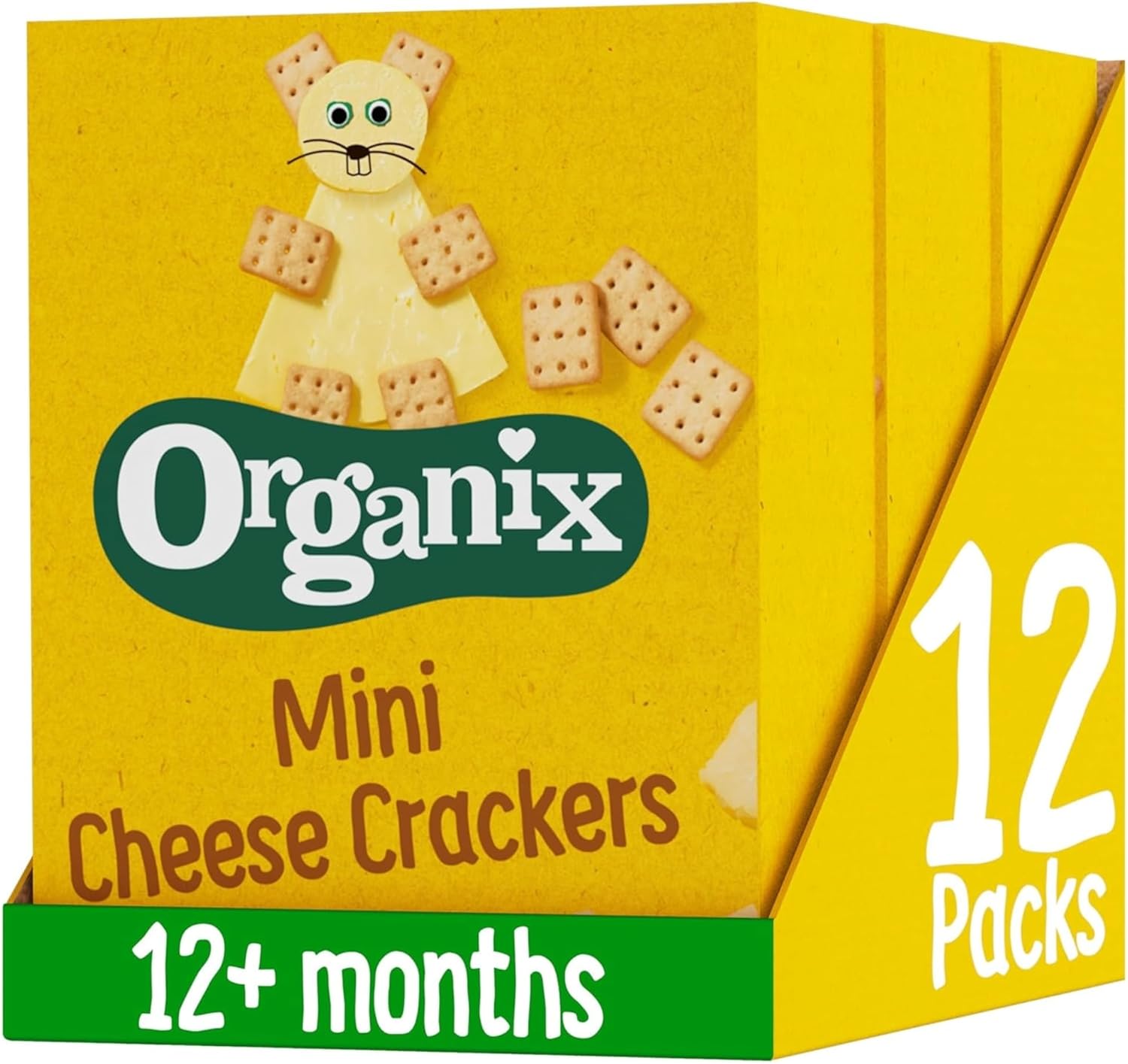 Organix Mini Organic Cheese Crackers, Toddler Snack, 12+ Months, Multipack, 4 x 20 g Packs Per Box (3 Boxes Total)