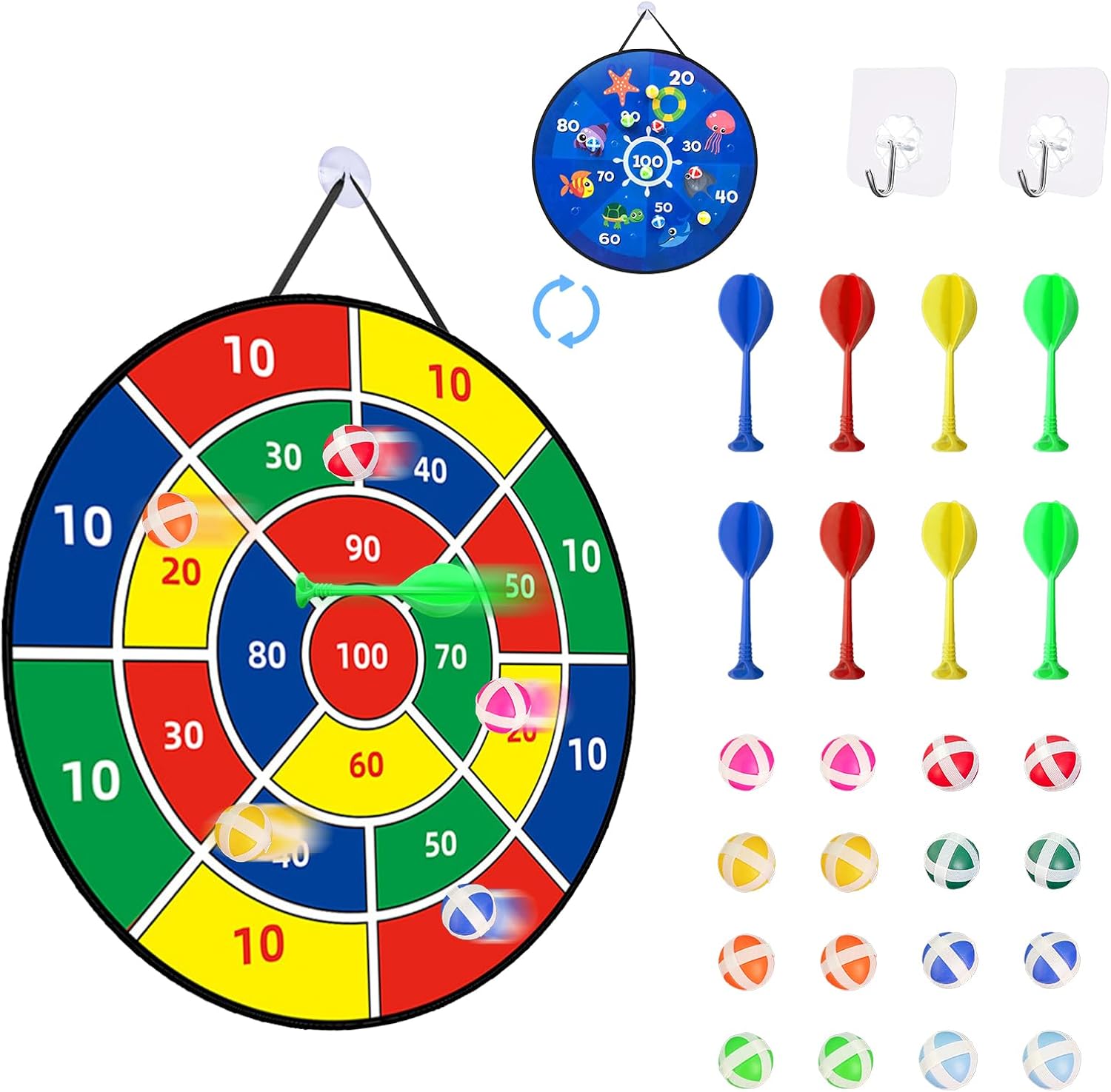26 Inches Kids Dart Board Set, Double Sided Dart Board with 16 Sticky Balls and 8 Darts, Safe Indoor Outdoor Sports Party Game Toys Gifts for 3 4 5 6 7 8 9 10 11 12 Year Old Boys Girls and Adult