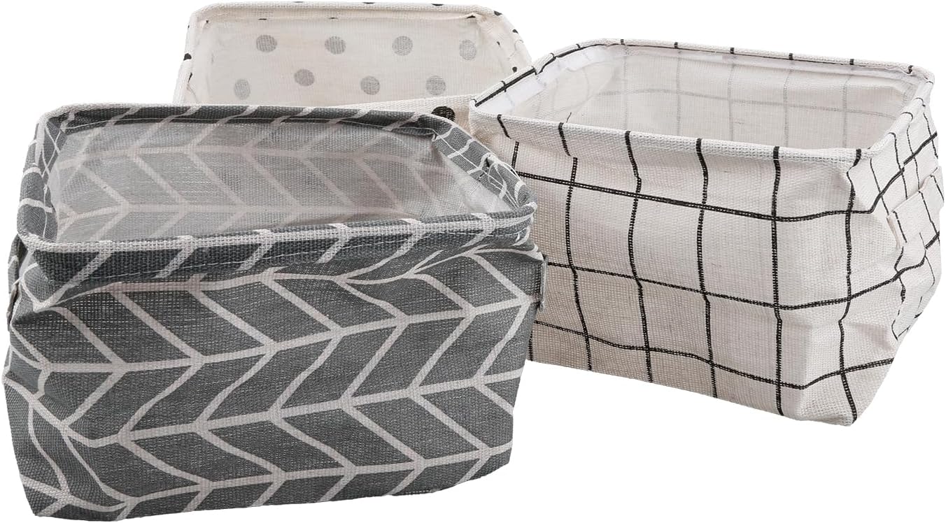 Fabric Storage Basket-3PCS Foldable Waterproof Storage Boxes Cotton Linen Shelves Closet Organizer with Handle for Desktop Makeup Books Office Products Storage