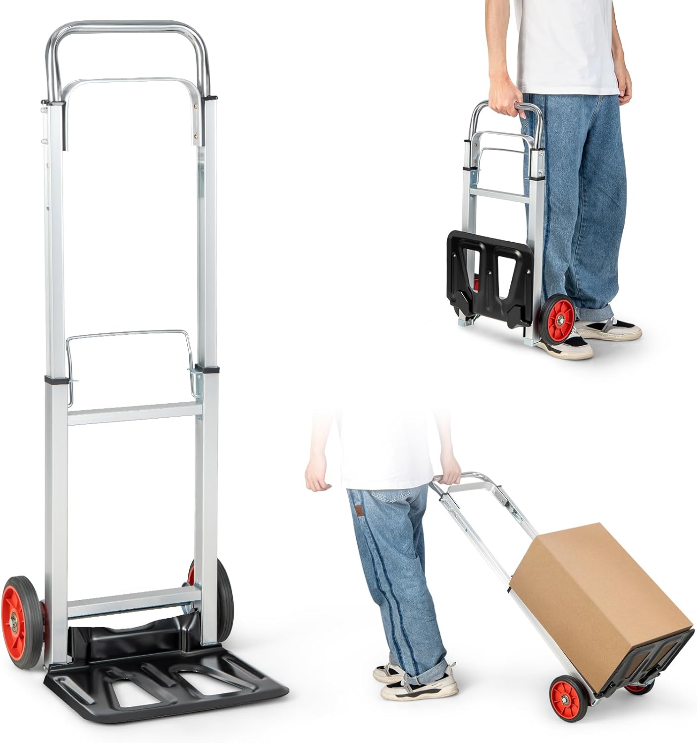 COSTWAY Folding Hand Truck, Aluminium Sack Truck Barrow with Adjustable Handle, Lightweight Dolly Trolley Luggage Cart for Moving Shopping Travel, 100kg Weight Capacity