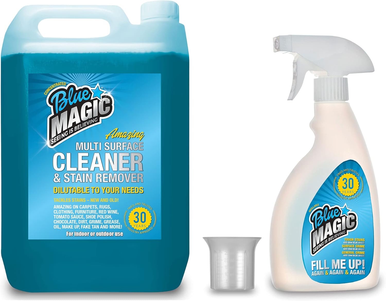 Blue Magic 5ltr with Empty Trigger Bottle and Measuring Cup Multi Purpose Cleaner Concentrate makes up to 1000 RTU 500ml Bottles