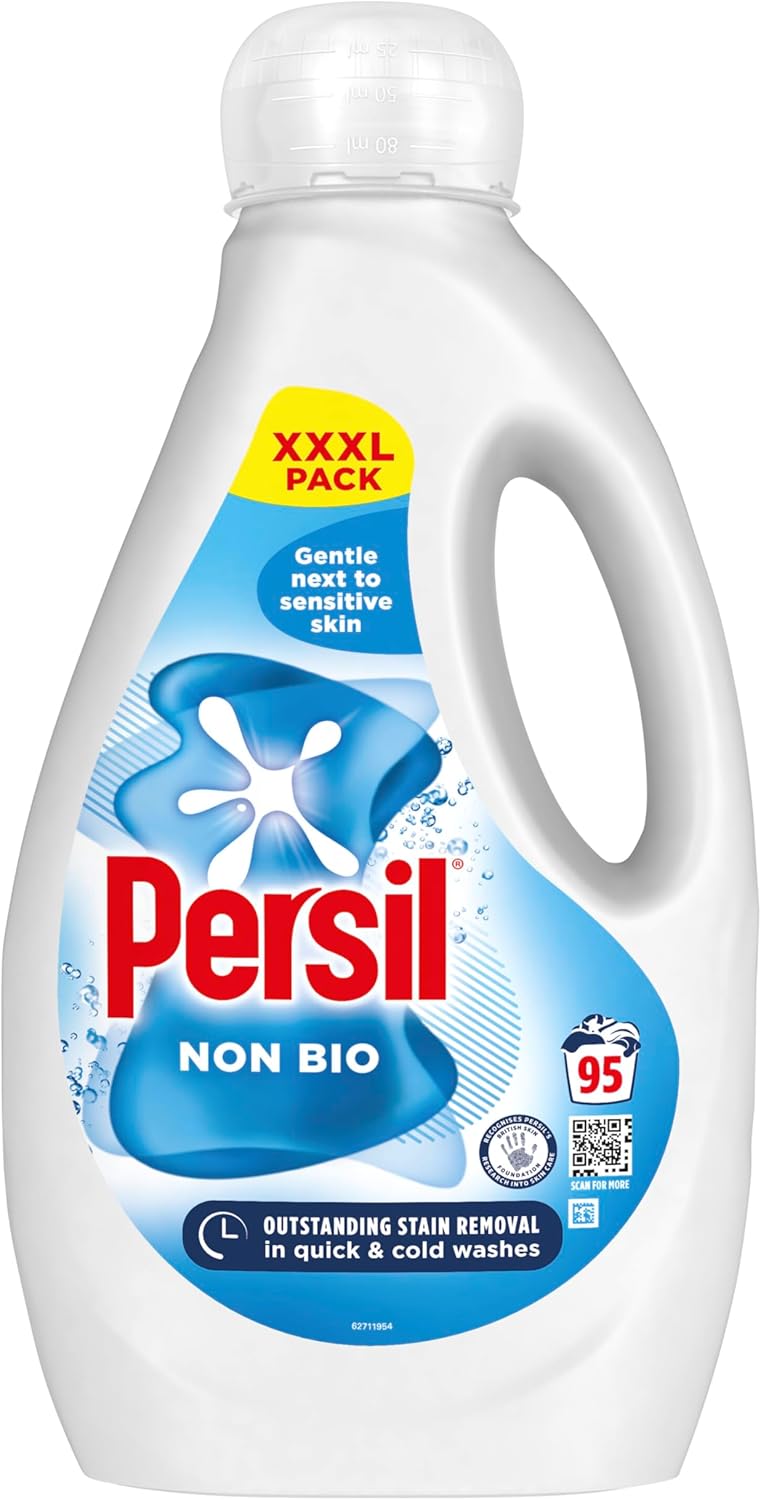 Persil Non Bio Laundry Washing Liquid Detergent outstanding stain removal in quick & cold washes tough on stains, gentle next to sensitive skin 95 washes (2.565 L)