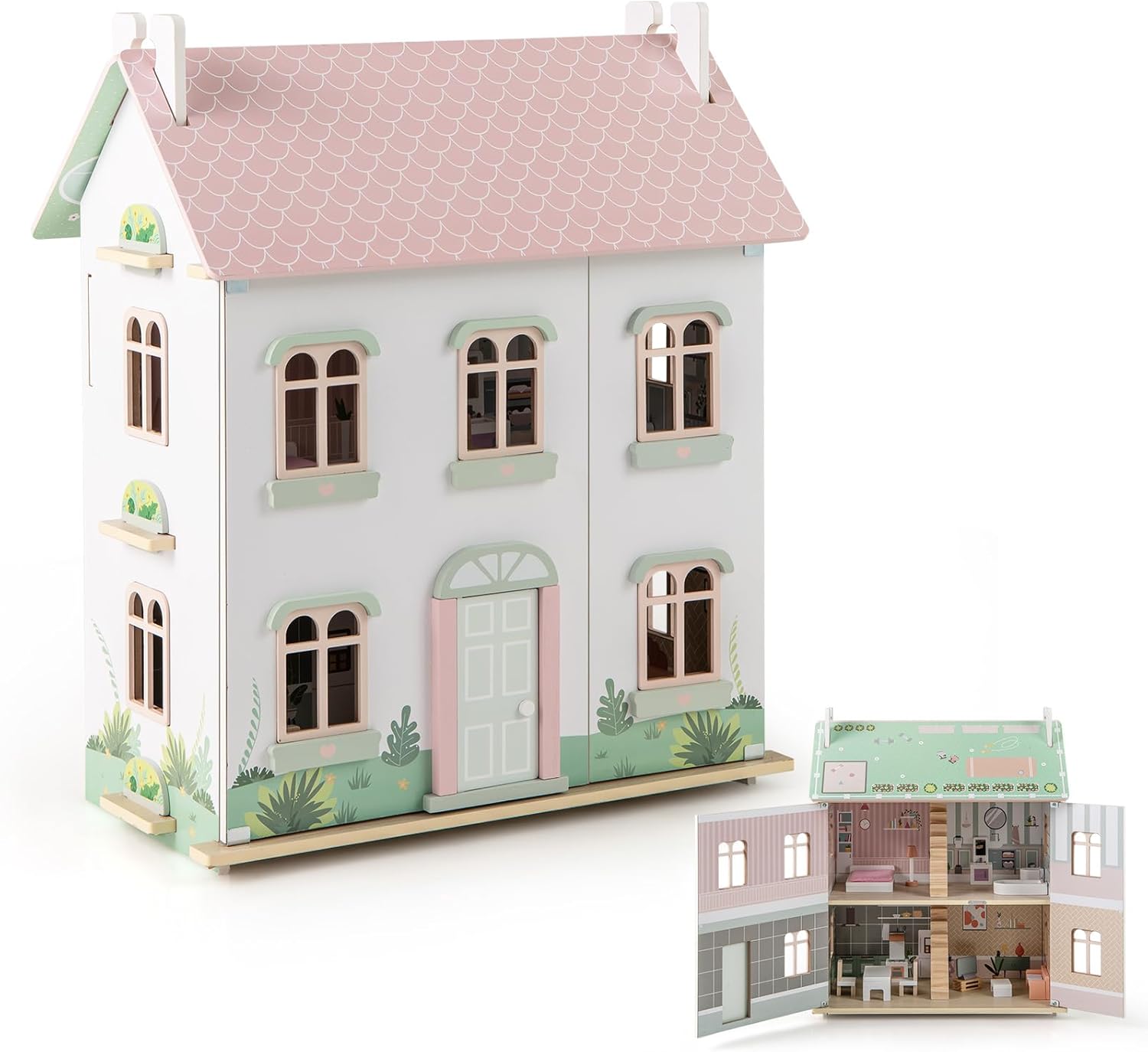 HONEY JOY Doll House, 3-Story Wooden Dollhouse Playset w/Double-Sided Roofs, 5 Rooms, 19 Accessories & Miniature Furniture, Pretend Play Toddler Big Doll House, Gift for Kids Aged 3+ (Pink, 2.2 FT)
