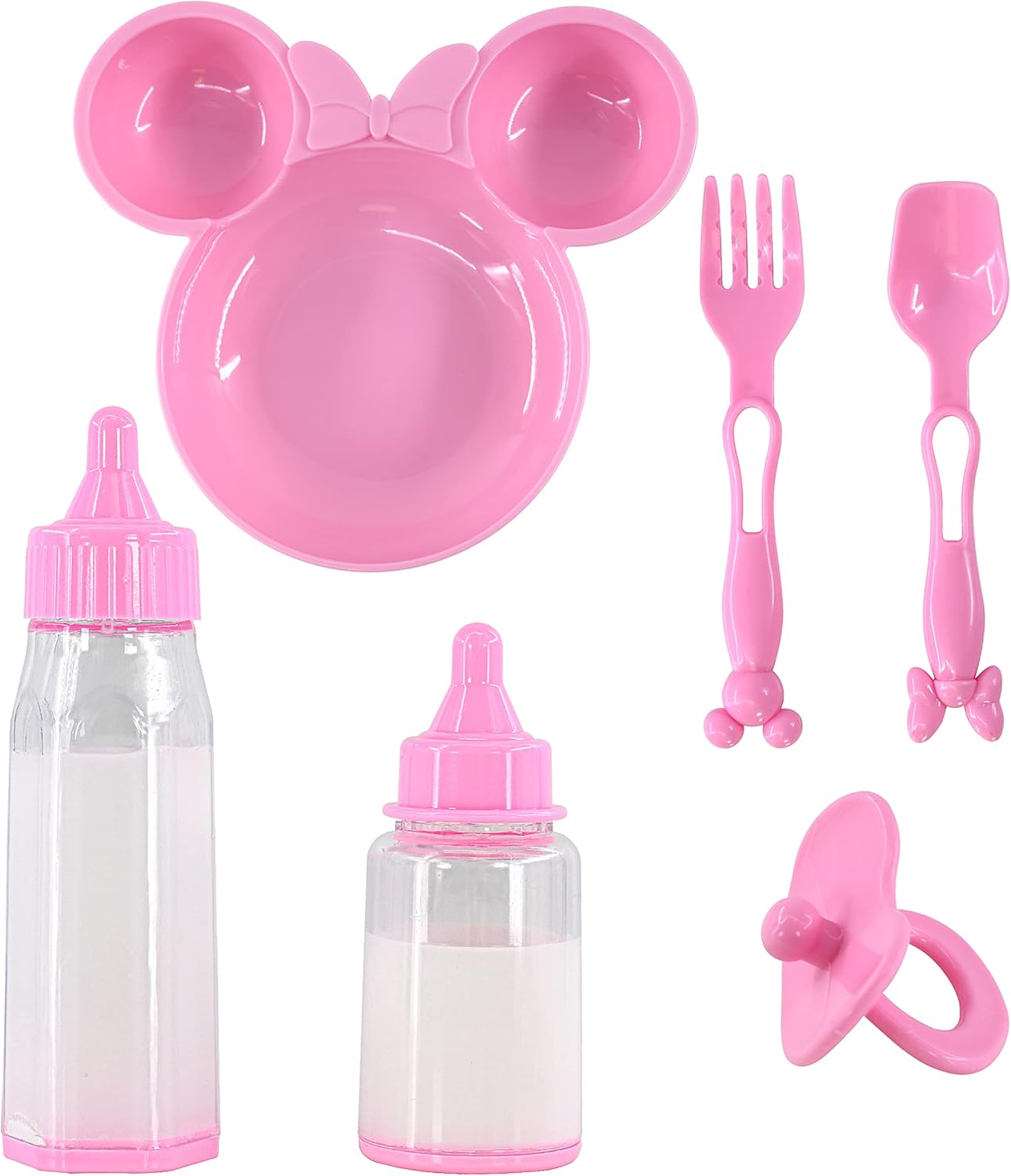 6 Pc Baby Doll Feeding Set with Two Magic Milk Bottles, Dummy, Plate, Fork & Spoon Pretend Play Doll Accessories Girls Boys Toy Playset Gift for Kids