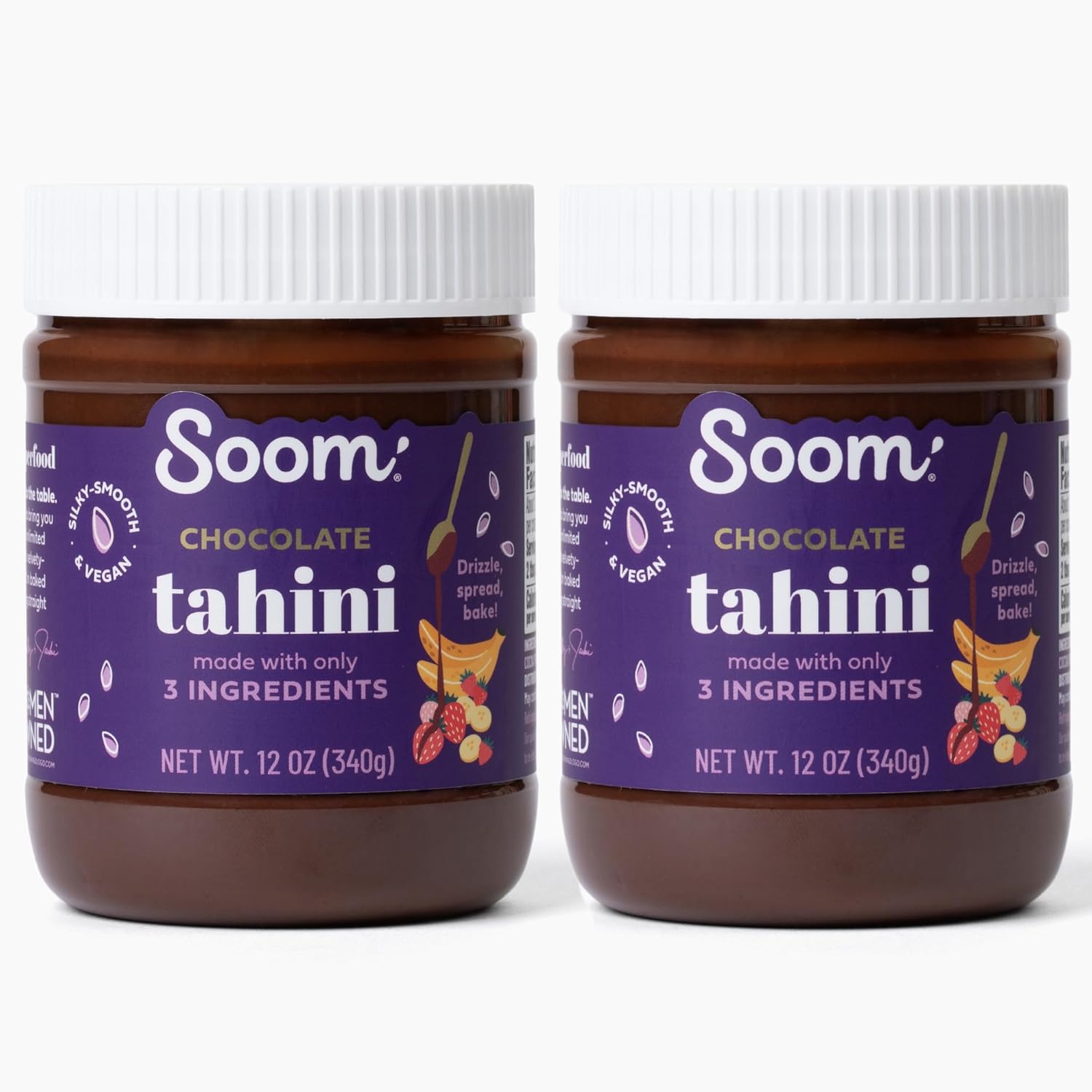 Soom Foods Chocolate Sesame Spread - 12oz (2 Pack) | Made with 3 Ingredients, Low Sugar, Dairy-Free, Nut-Free, Gluten-Free, Palm Oil-Free | 5g Protein | Better for You Chocolate Spread