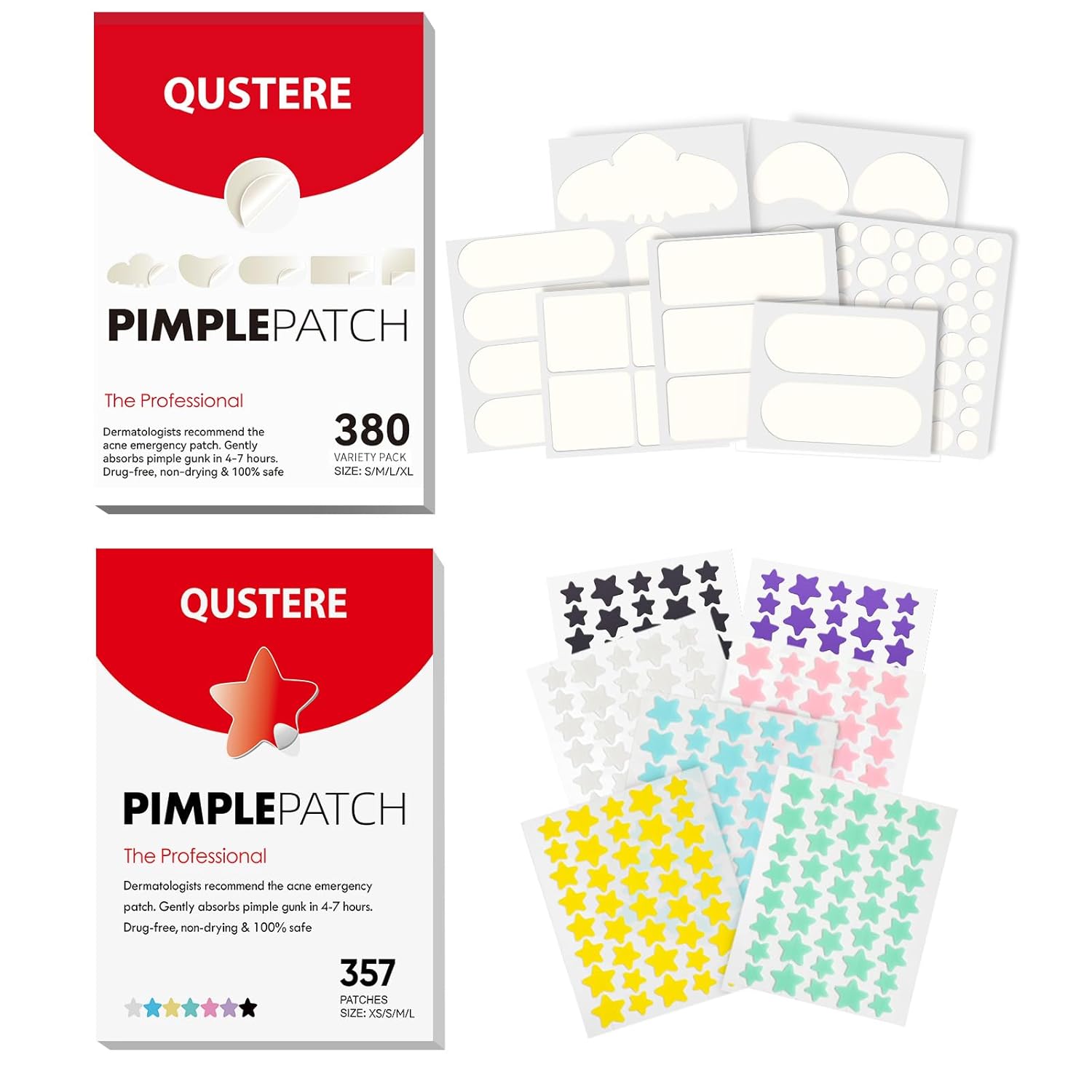 Pimple Patches for Face, Acne Patches, Zit Patches Spot Stickers with Tea Tree, Salicylic Acid & Cica Oil| Large Pimple Patches 380 Count, Star Hydrocolloid Pimple Patches 357 Count