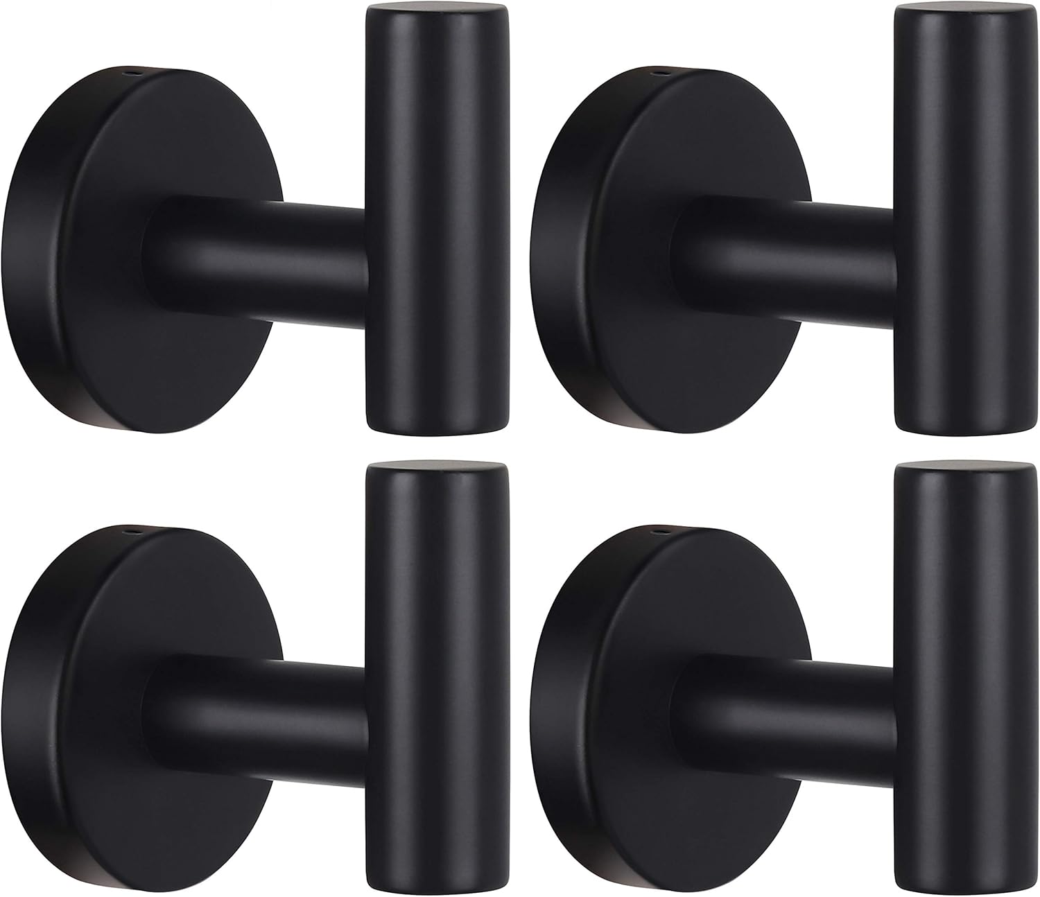 Towel Hooks Bathroom Coat Robe Wall Hook Heavy Duty Door Hanger Towel Robe Clothes Cabinet Closet Sponges Rack for Bathroom Bedroom Kitchen Hotel Pool 4 Packs Matte Black(Drilling Installation)