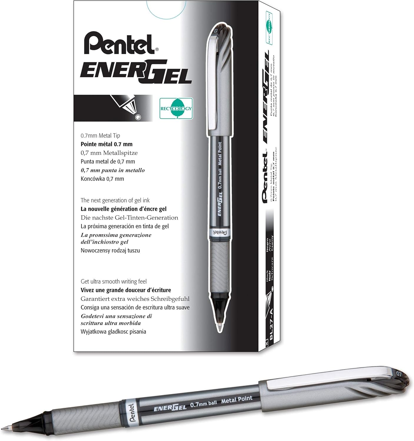 Pentel BL27A EnerGel NV Liquid Gel Pen, .7mm, Gray Barrel, Black Ink, Dozen